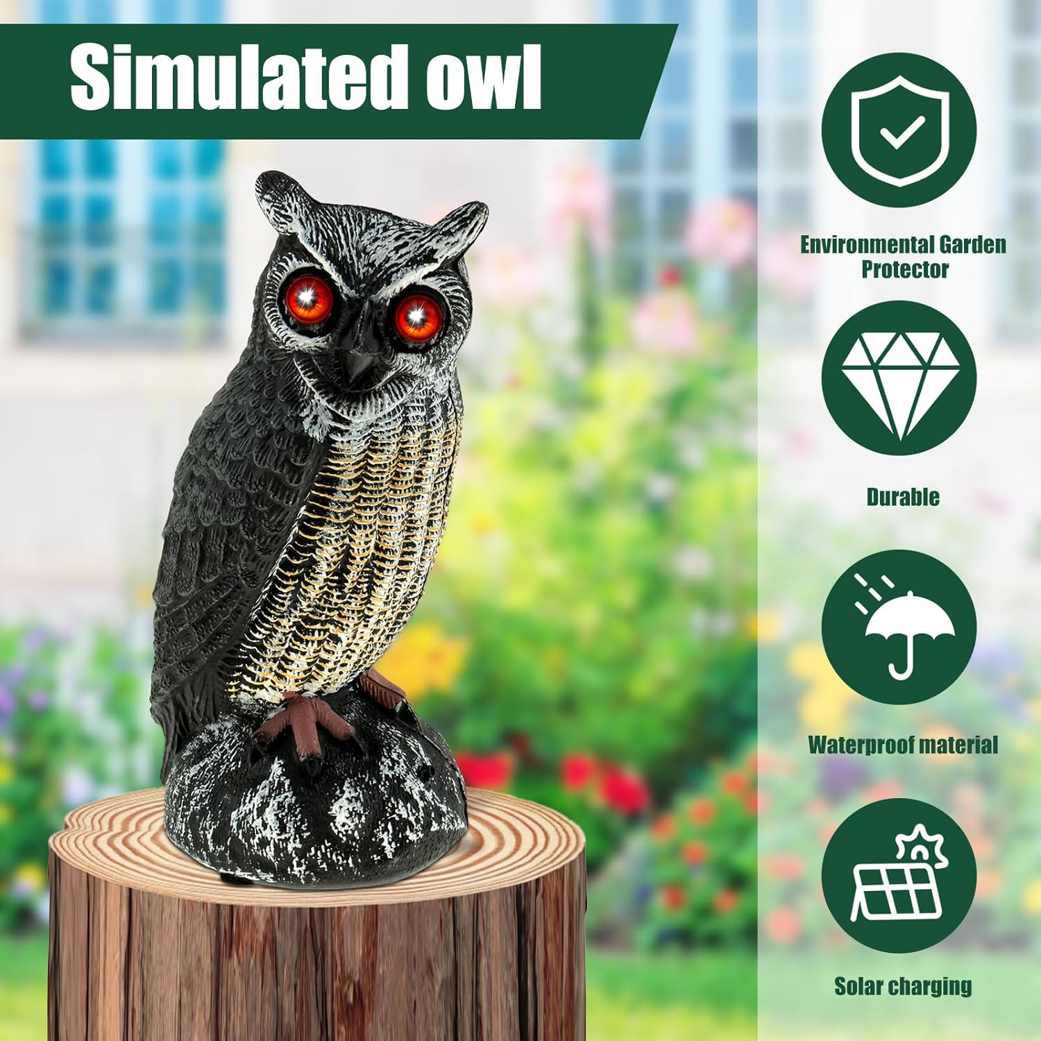 Owl Decoy to Scare Birds Away, Solar Powered Fake Owl Scarecrow Plastic Owls Waterproof Owl Statue with Flashing Eyes & Scary Sound Bird Deterrents for outside Garden Yard Patio (Black) image number 3