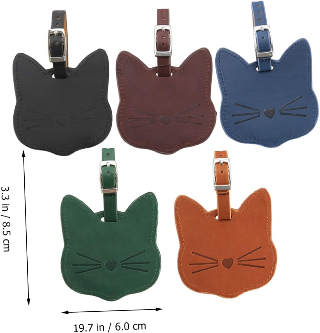 OFFSCH 2Pcs Pu Leather Luggage Tag Cat Head Design for Suitcases for Cruise Travel Carry Bag Baggage Identification Leather Strap and Id Window Random Color image number 1