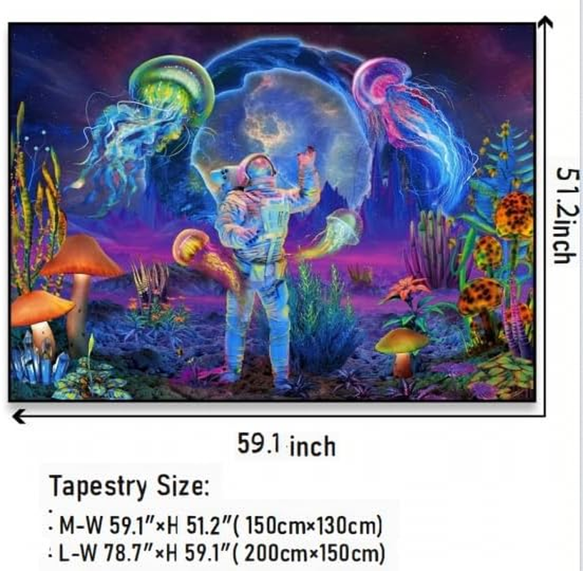 Black-Light Astronaut Jellyfish Tapestry, Trippy Mushroom Tapestry, UV Reactive Fantasy Plants Wall Hanging, Psychedelic Neon Galaxy Space Tapestry (M) image number 3