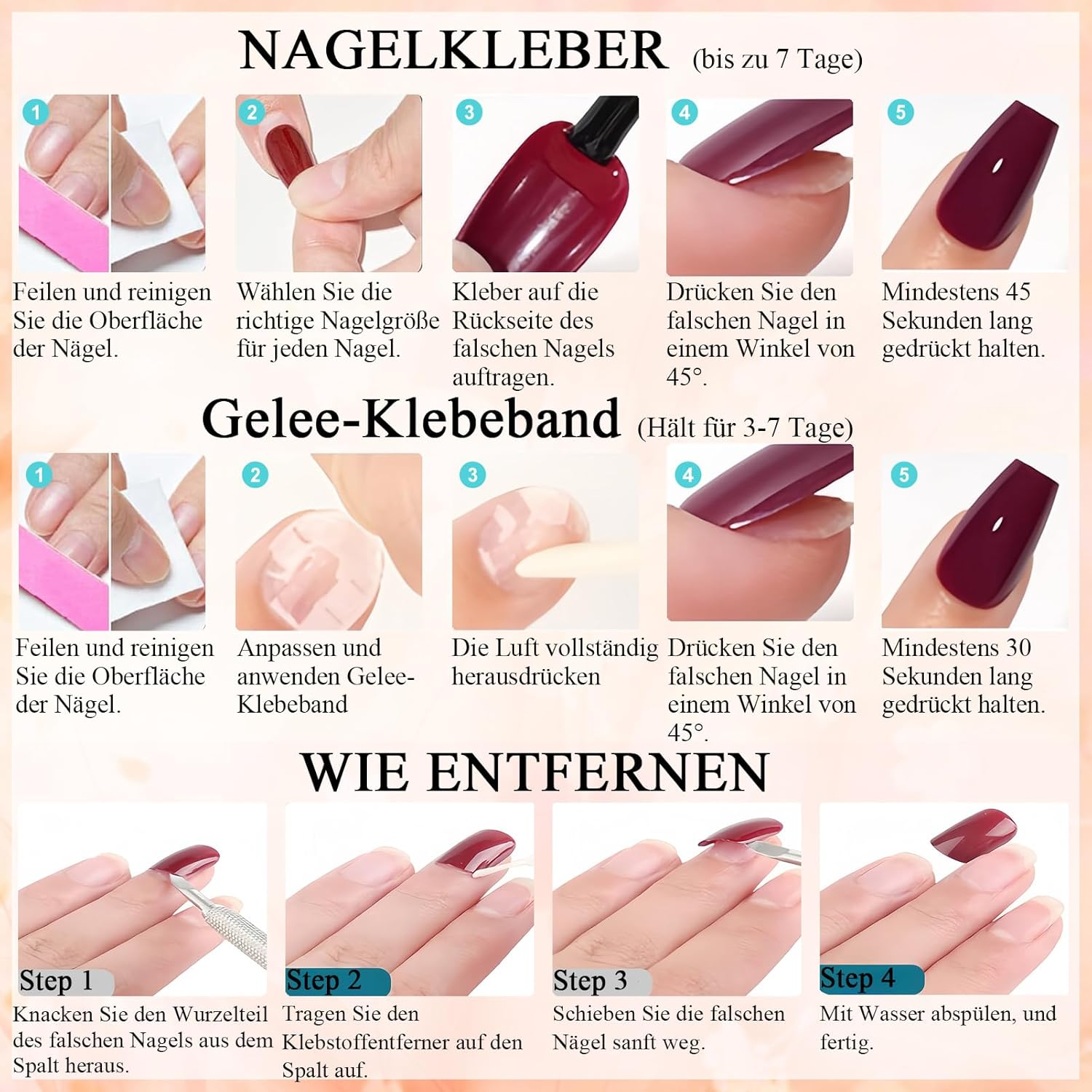 Virellay Almond Fake Nails, Artificial Fingernails, Press on Nails Almond (French with Glitter Line, 24 Pieces)