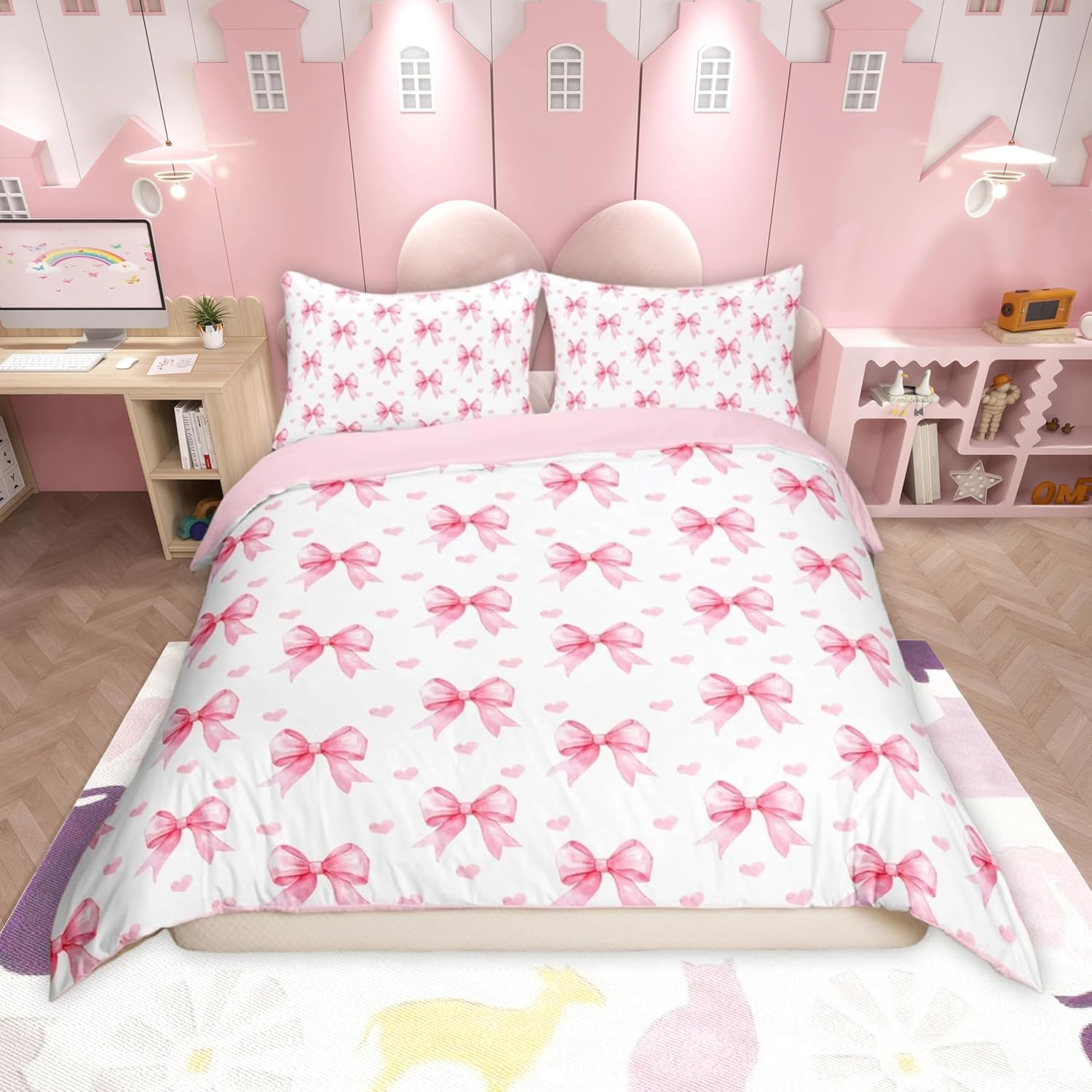 Homemissing Black White Bowknot Duvet Cover Set Double Size for Kids Girls Teens Bedroom Cute Coquette Bow Bedding Set Rose Bow Ribbon Comforter Cover with 2 Pillowcases