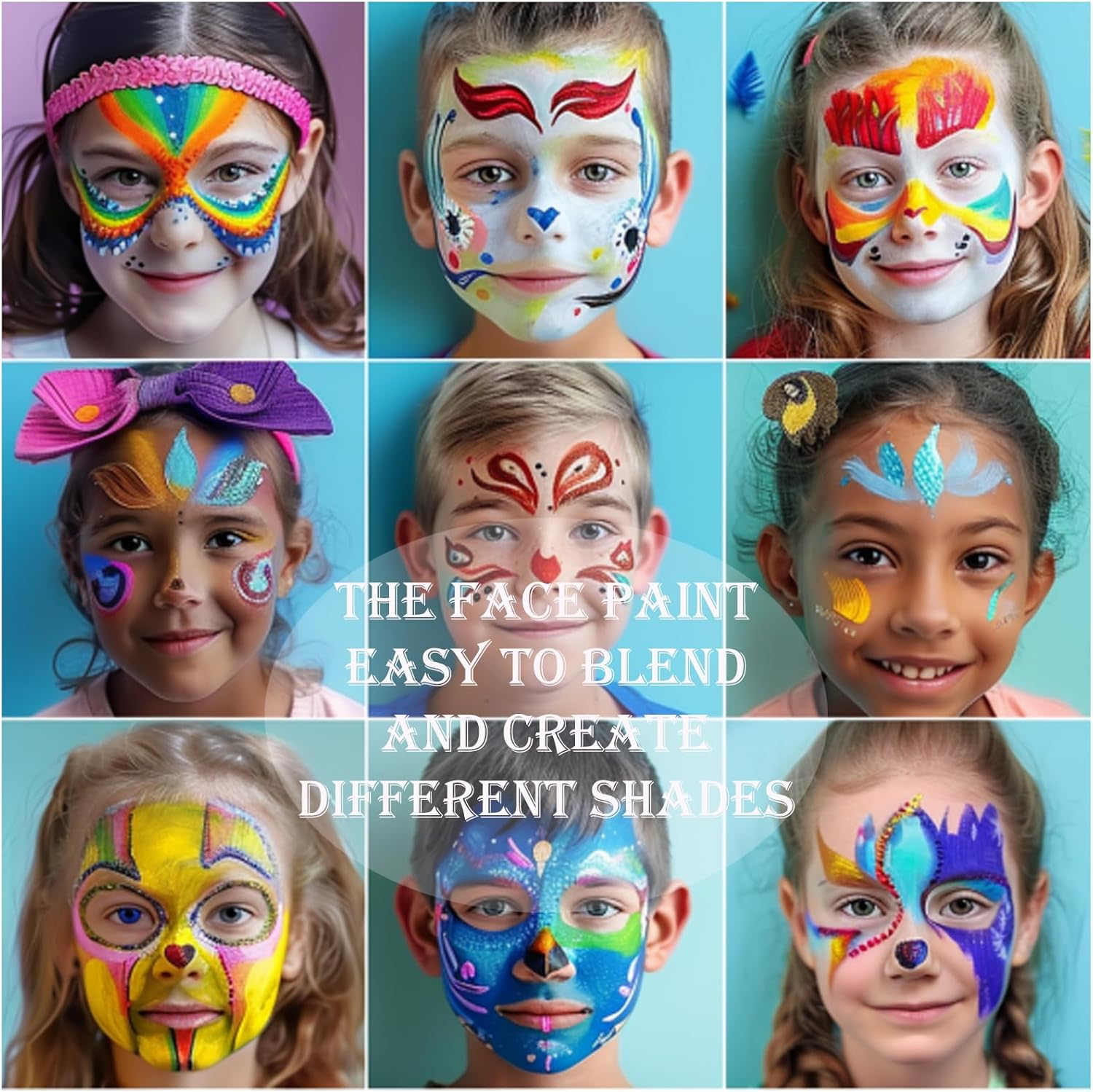 Professional Face Painting Kit with Stencils - 10 Split Cake Face Paint Palettes, Rainbow Non-Toxic Water-Activated Facepaint Makeup Kit for Kids, Adults, Parties, Halloween, Christmas - 10 Sheet With 10 Blue Brushes image number 4