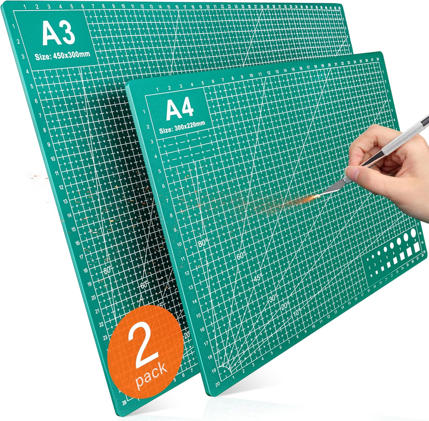 BLUEQUE Cutting Mat Self Healing - 2 Premium Rotary Cutting Mats (A3 & A4) for Sewing, Quilting, Circut, Model, Crafts, Scrapbooking & Fabric - Non-Slip, Easy-Clean Grid Cutting Board Precise Cut image number 2
