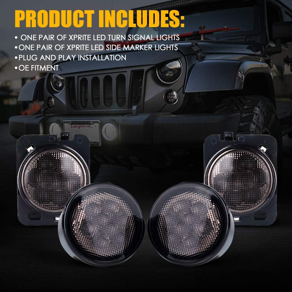 Xprite LED Smoke Lens Turn Signal Lights with Parking Function & Front Fender Side Marker Amber Light Assembly Combo for 2007-2018 Jeep Wrangler JK & Wrangler Unlimited image number 1