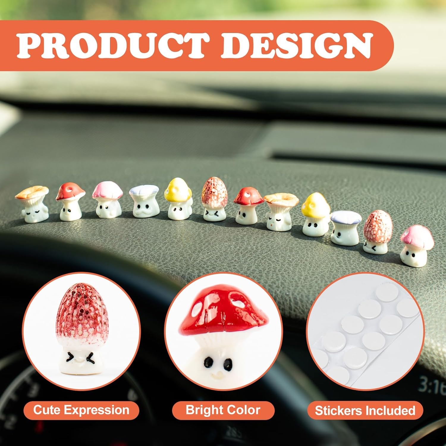 12PCS Mushroom Car Dashboard Decorations, Cute Mushroom Decor for Women Rear View Mirror Ornament Cute Car Decor Interior Dashboard Accessories for Home Office image number 3