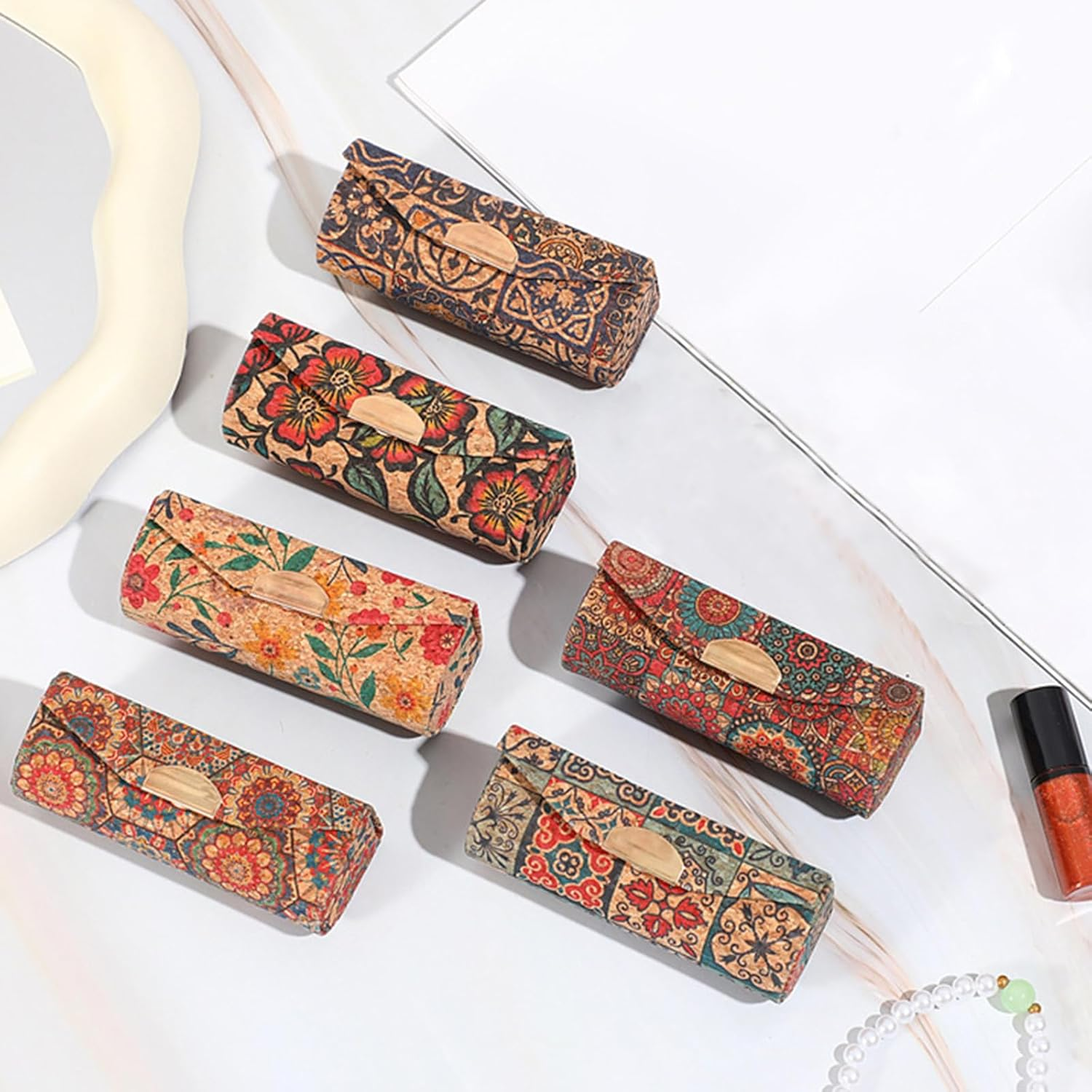Capasin Mandala Bohemian Style 6 Pcs Lipstick Case with Mirror Chapstick Holder Storage Vintage Makeup Box Small Gifts Case image number 1