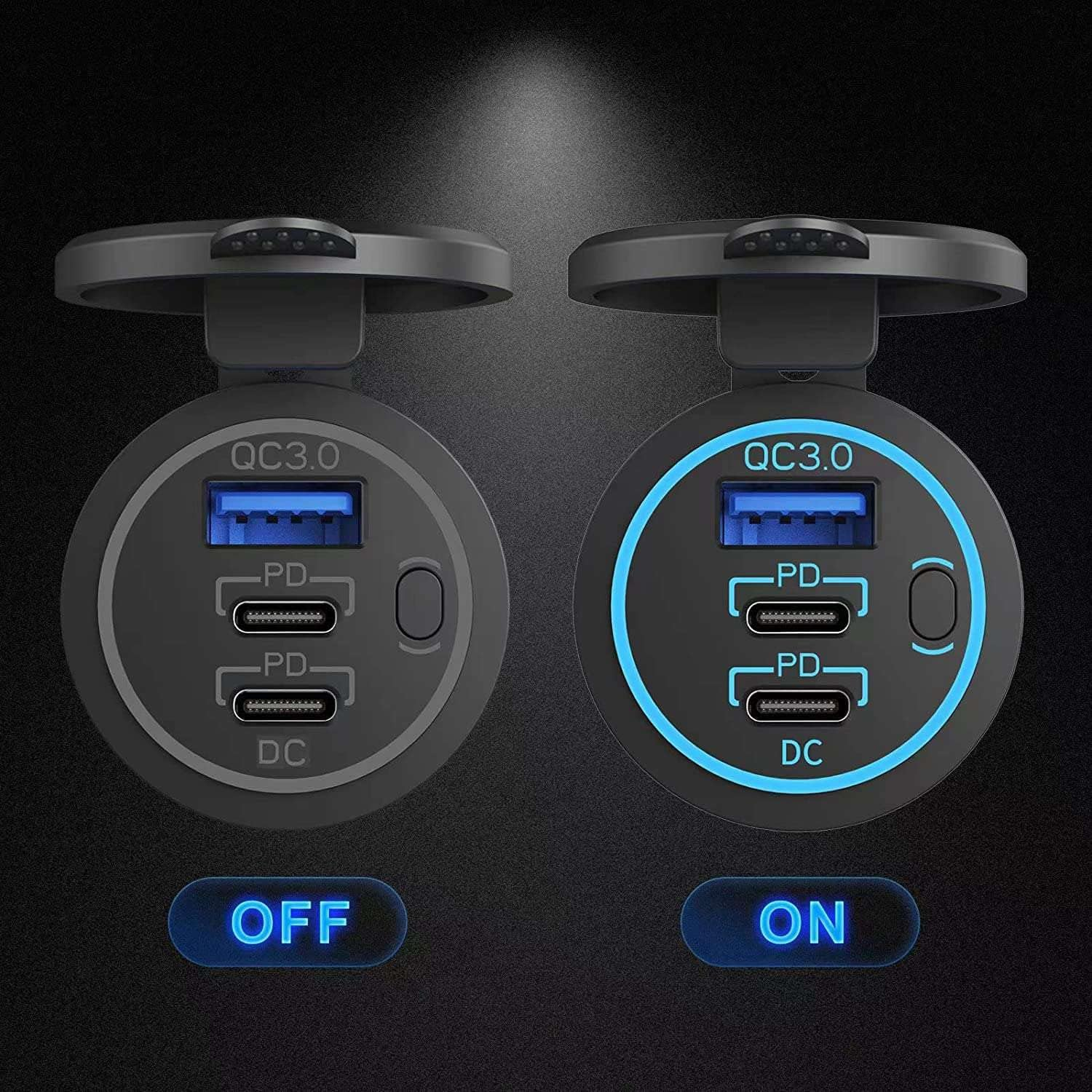 Dual PD USB-C Car USB Port Socket with Power Switch Fast Charge Black for Car Boat RV Marine ATV image number 1