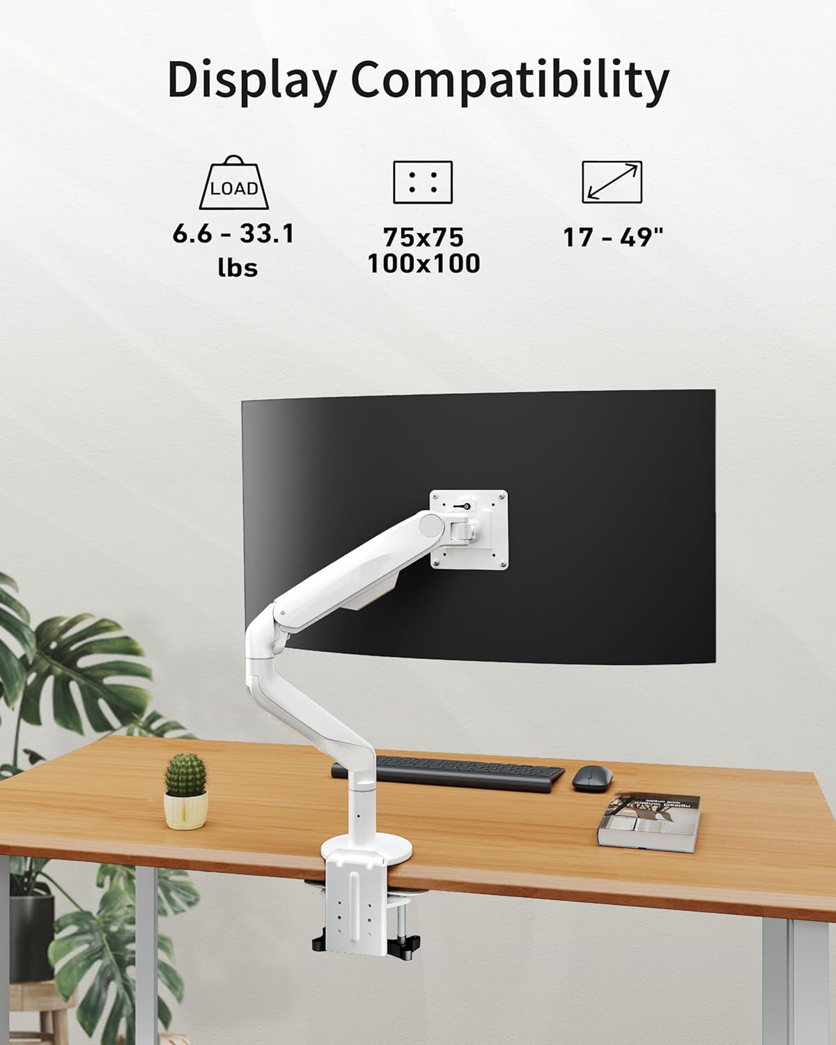 Ergounion Ultrawide Single Monitor Mount, Adjustable Gas Spring Monitor Arm for 17 to 49 Inch Screens, 75/100 Vesa Mount with C-Clamp and Grommet Base, White image number 3