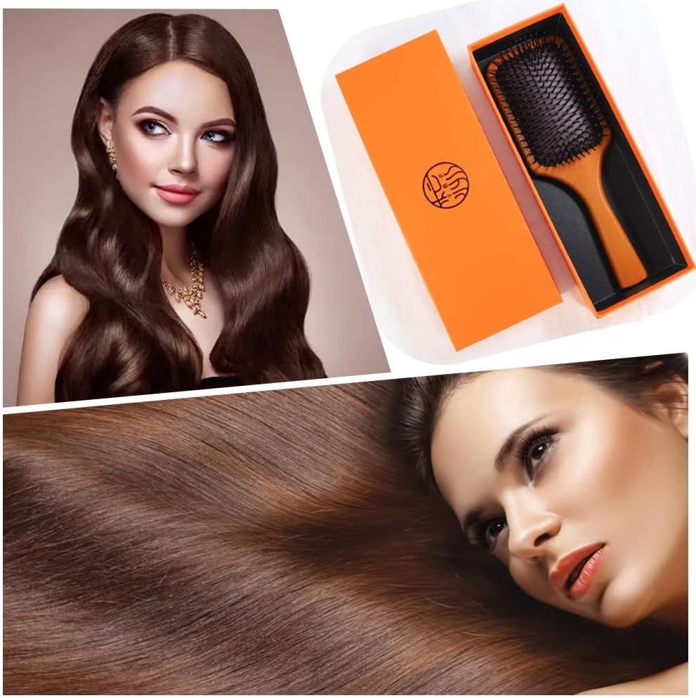 Paddle Hair Brush for Detangling, Wooden Hairbrush,Hairbrush Set with Air Cushion, Spa Comb,Reduces Frizz, Massages Scalp,Comb for Women and Men,For Straight Curly Wavy Wet and Dry Hair,Thick or Fine
