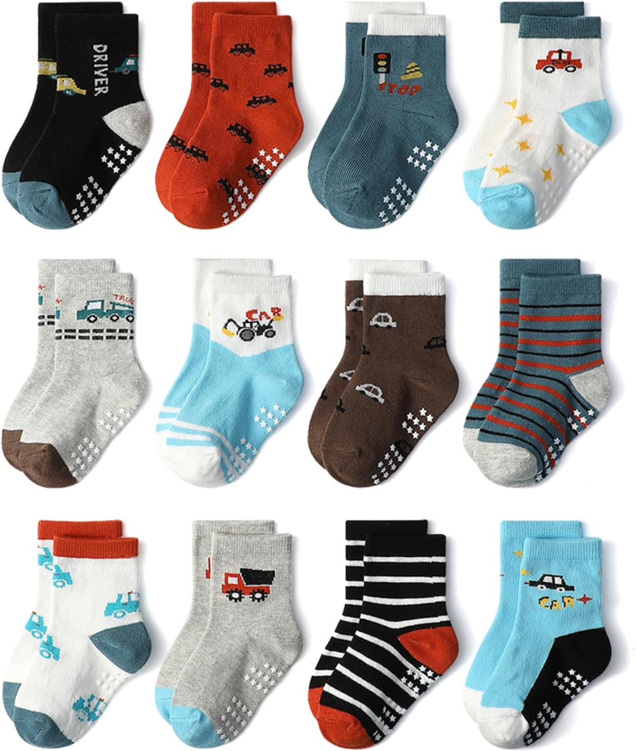 12 Pack Baby Non Slip Socks, Toddlers Kids Soft Cotton Crew Socks with Grippers Non-Skid Ankle Socks for Boys Girls Infant image number 3