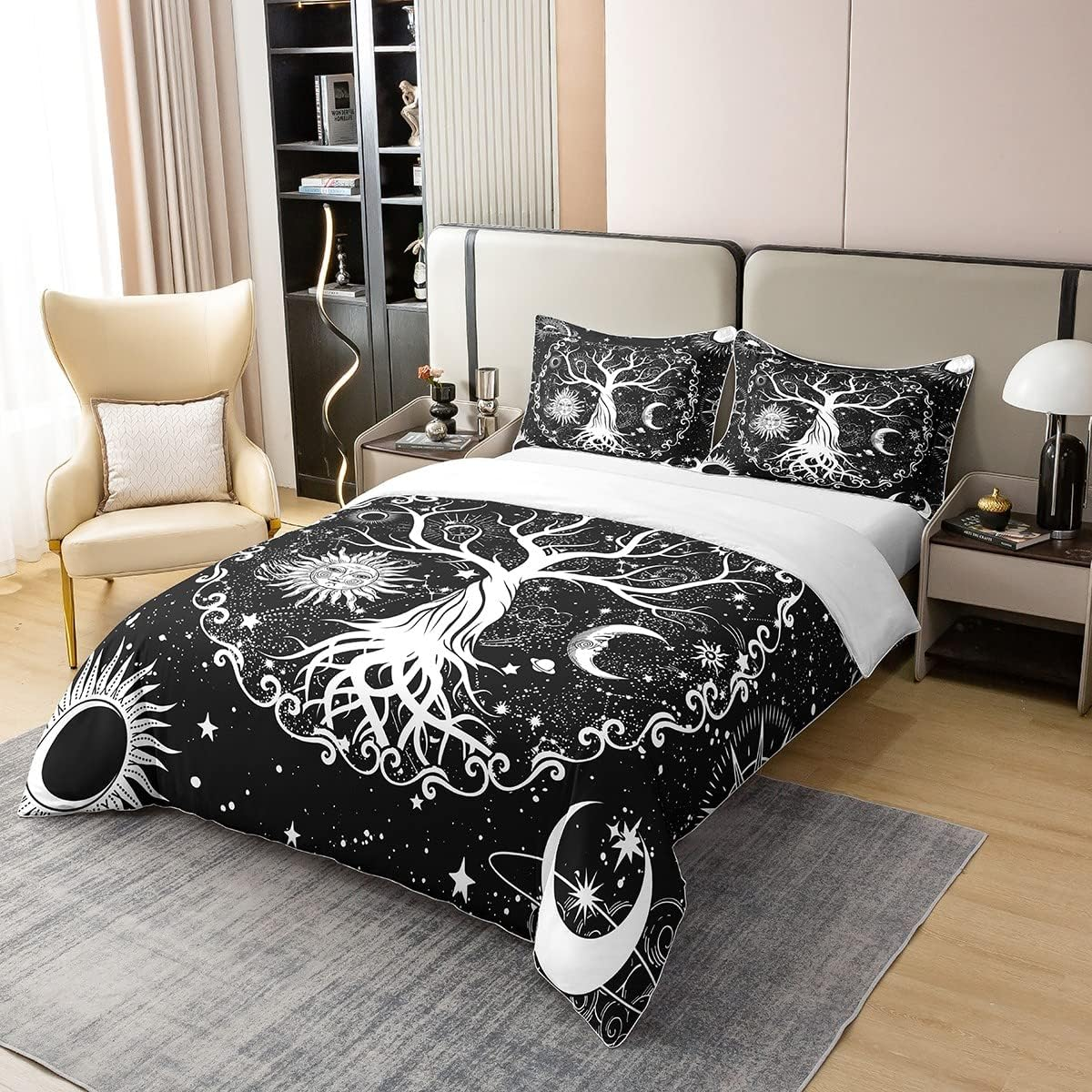 Tree of Life 100% Washed Cotton Duvet Cover 220 X 240 Cm Sun and Moon Comforter Cover, Psychedelic Galaxy Space Stars Bed Linen Sets Soft Microfibre Duvet Cover, Black White Room Decor image number 6