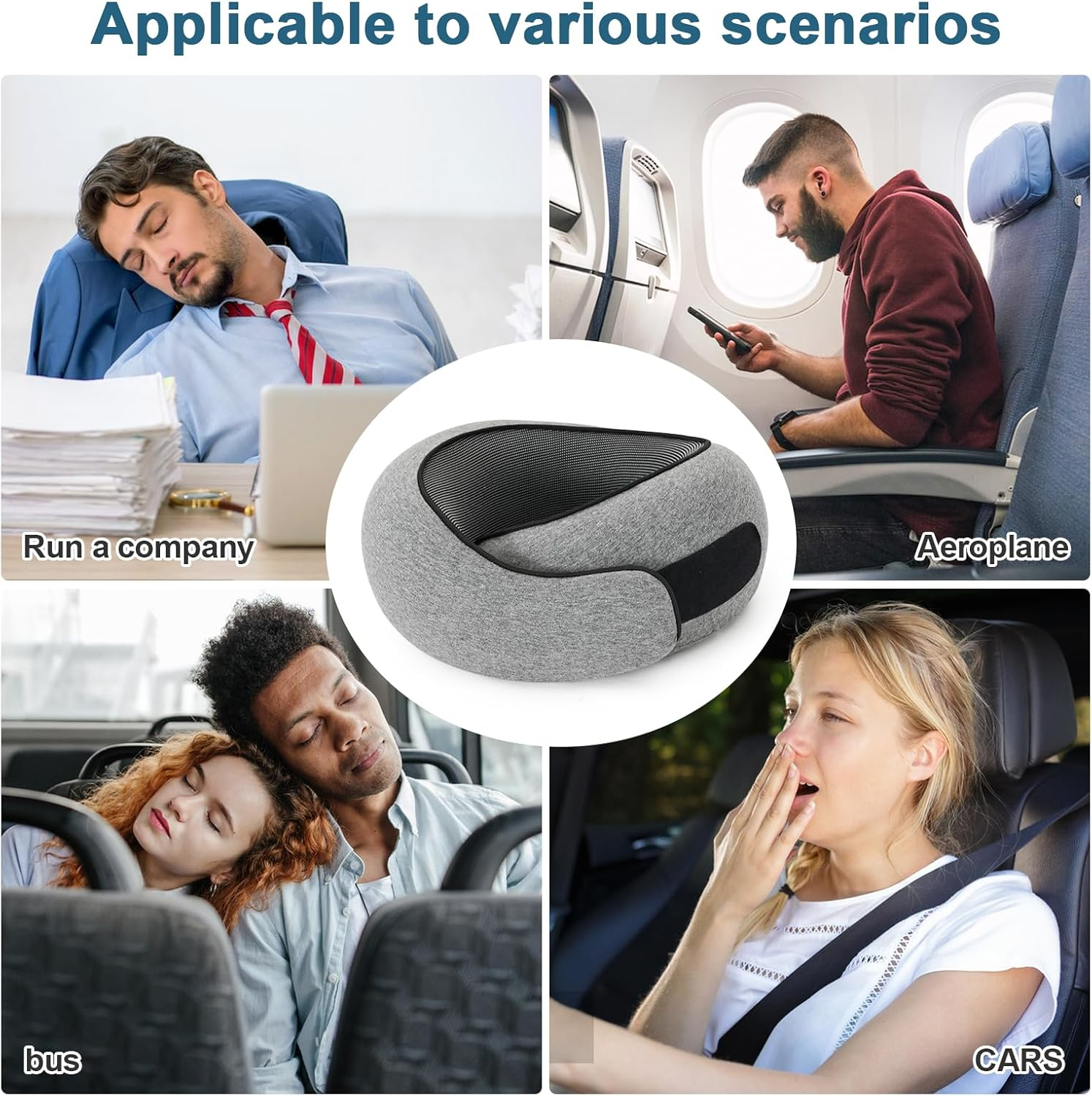 Travel Neck Pillow, Memory Foam Travel Neck Pillow for Airplanes, 360&deg; Support Stowable Pillows for Sleeping, Airplane Travel Kit with 3D Contoured Eye Masks, Earplugs, and Storage Bag (Grey) - Black image number 3