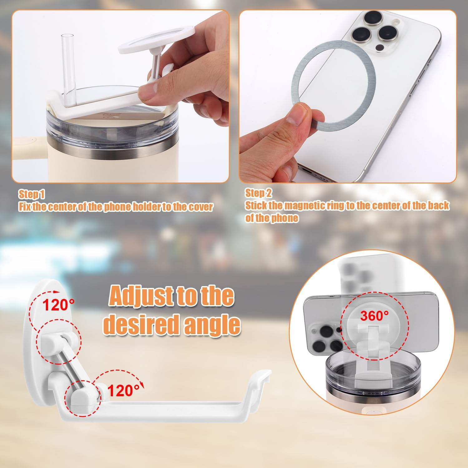 BOXOB Phone Holder for Stanley Cup 40Oz Quencher H1.0 H2.0 Lids, Hands Free Magnetic Foldable Mobile Phone Holder Tumbler for Stanley Cup Accessories Magsafe Phones - White image number 5
