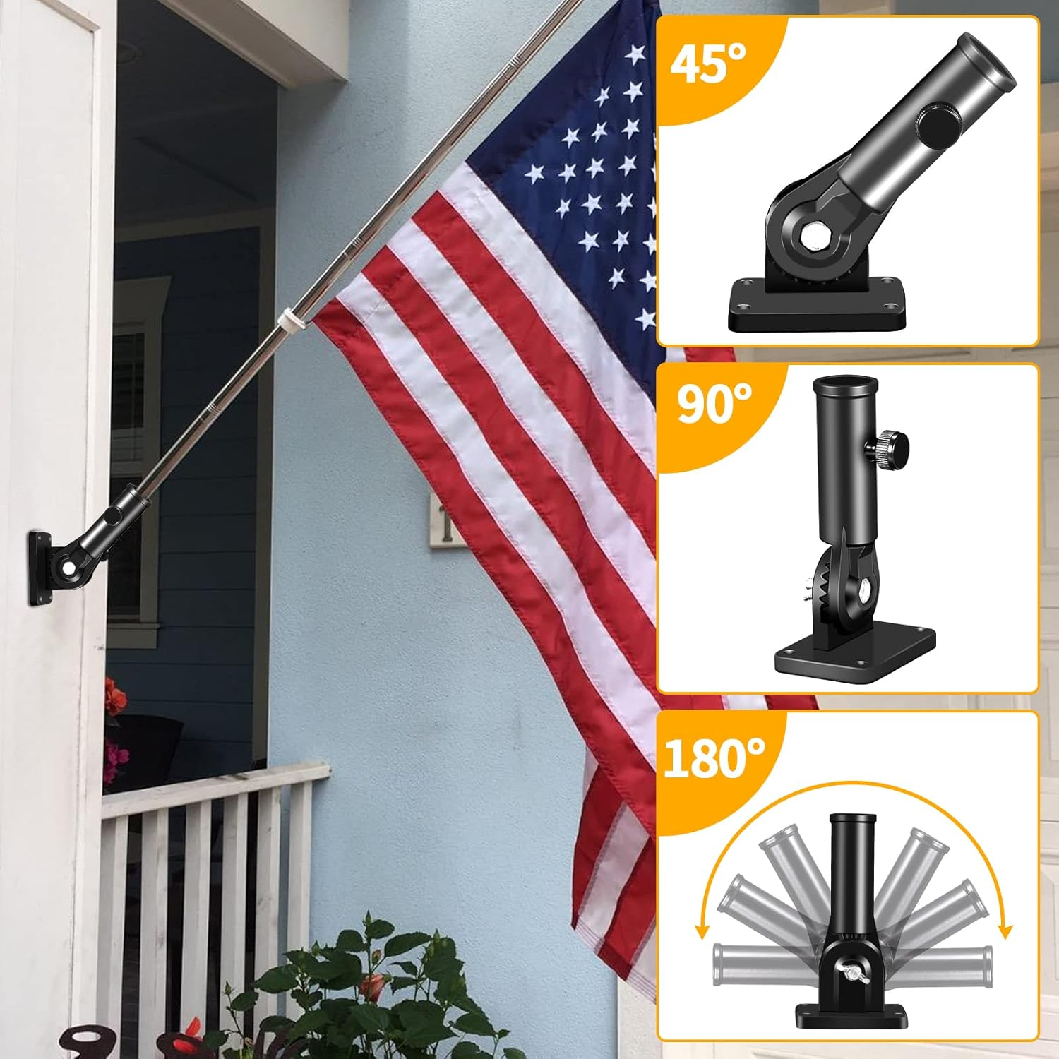 Flag Pole Holder Brackets, 1" Flag Pole Mounting Bracket with Hardwares for House Wall Porch, 1" Inner Diameter, 180&deg; Adjustable Multi Positions, Aluminium Alloy(1 Pack Black, Multi-Positions) image number 1