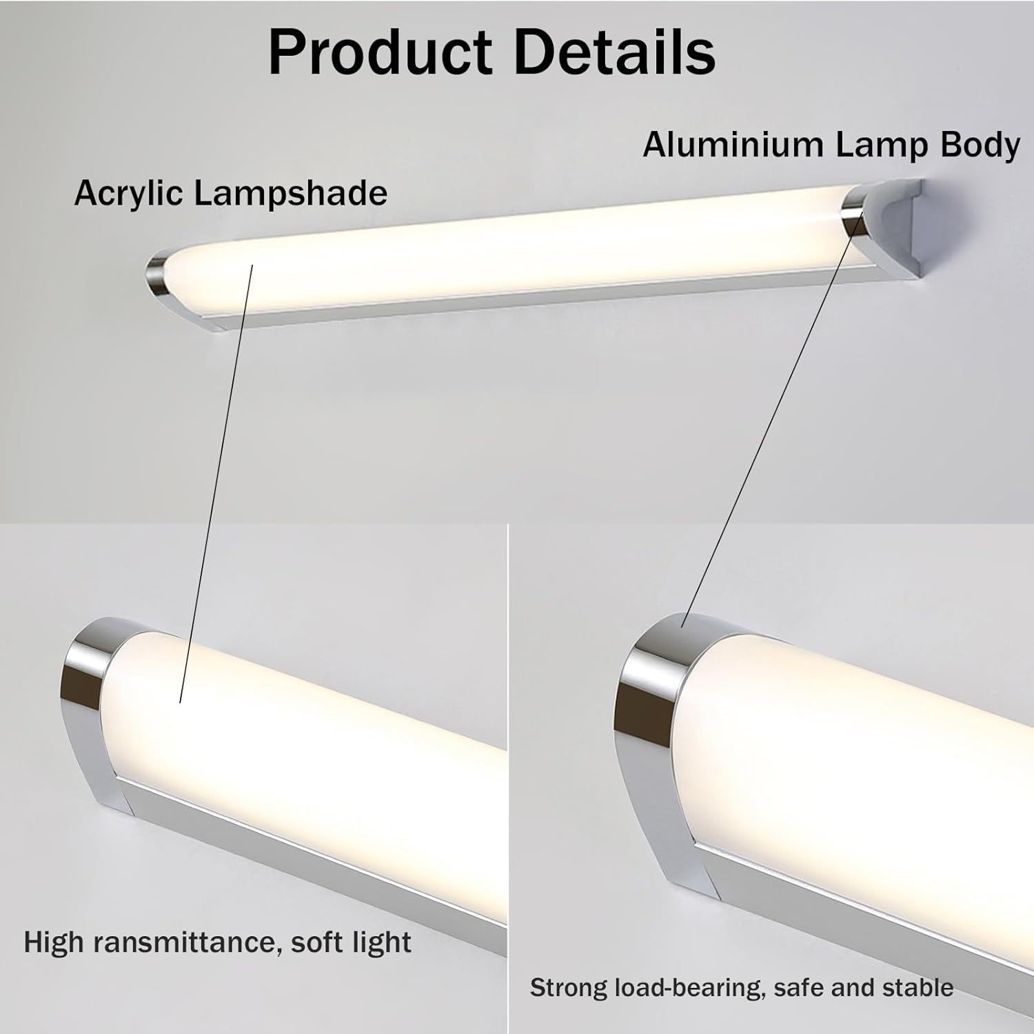 LED Bathroom Wall Light above Mirror Wall Lamp Waterproof IP44 Sconce Wide Lighting Range Silver Bathroom Hotel Toilet Shower Room 3000K/4500K/6500K (Warm Light,60Cm) XXZ image number 1