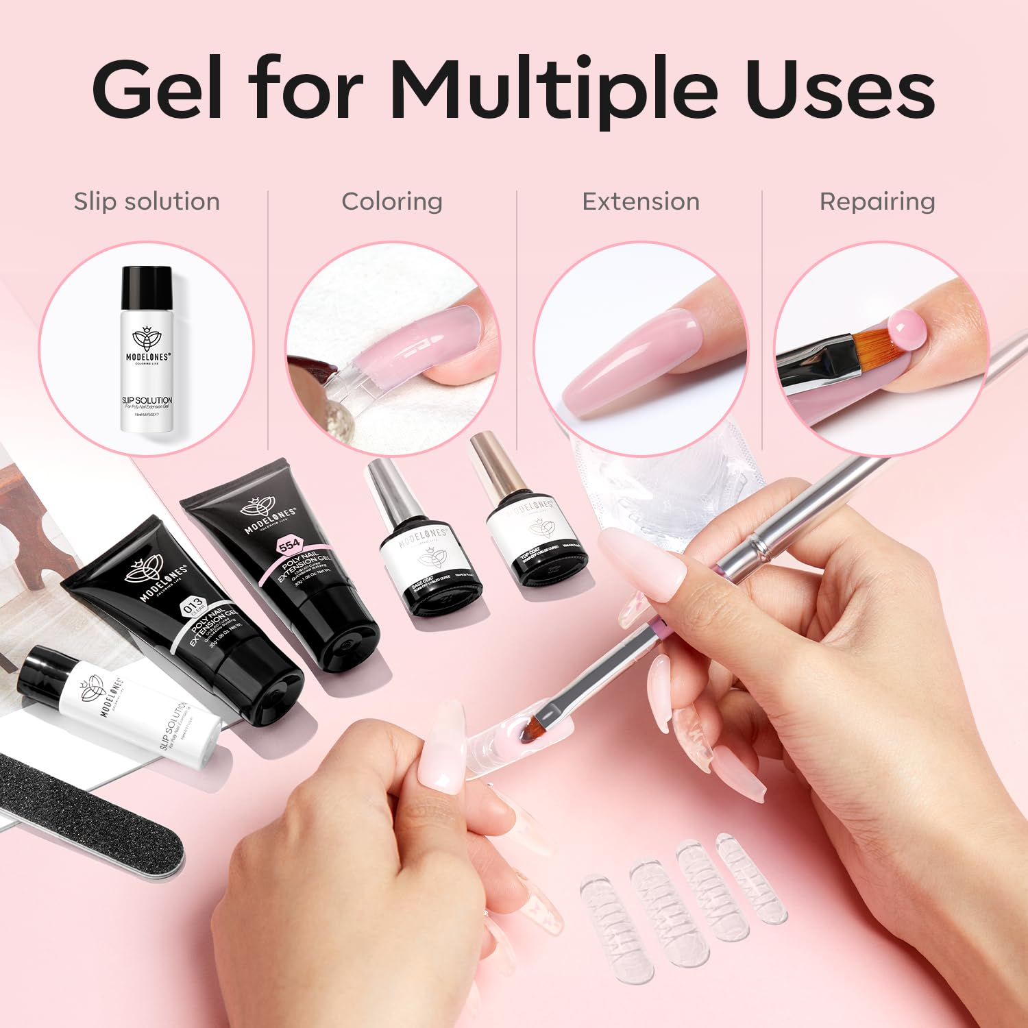 Modelones Poly Nail Gel Kit - 30ML 2 Colors Clear Nude Pink Extension Gel with Slip Solution Builder Enhancement Starter All-In-One Technician French Art DIY Home image number 6