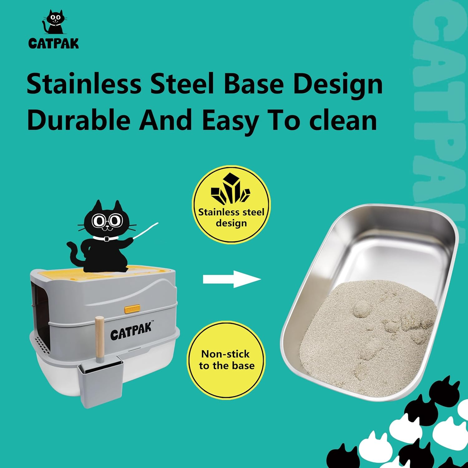 CATPAK 3-Piece Stainless Steel Cat Litter Box with Removable Covered Lid &ndash; Cat Litter Tray for Shy/Anxious Cats, Easy-Clean, Odor-Resistant, Includes Pan & Tray, Large image number 2