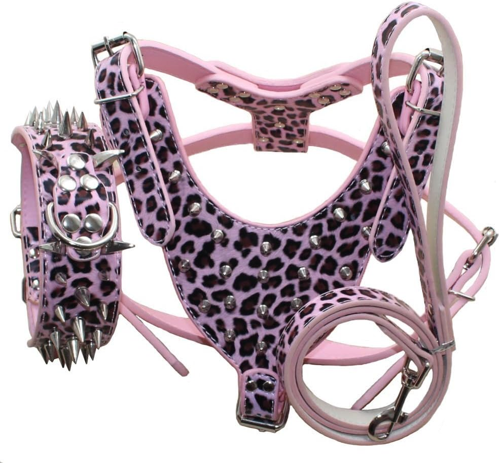 Haoyueer 3 Piece Set Leather Dog Collars Harnesses and Leads Sharp Studs for Medium Large Dogs Bull Terrier Mastiff Boxer Bull Terrier (M, Pink Leopard)