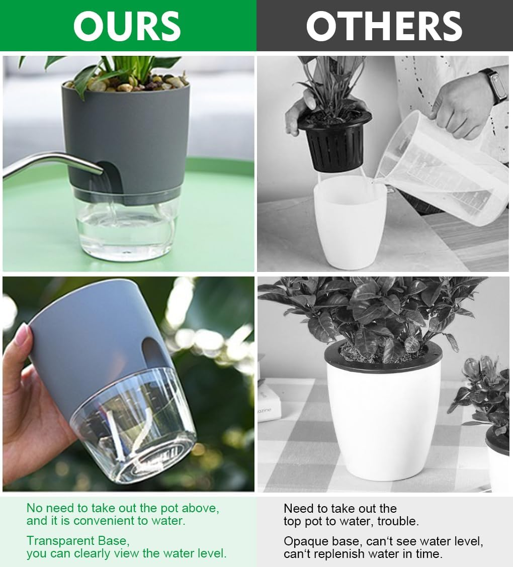 Self Watering Planter Pots for Indoor Plants, 3 Pack African Violet Pots, Succulents, Herbs with Wick Rope (Grey, 13.8X10.5Cm) image number 3