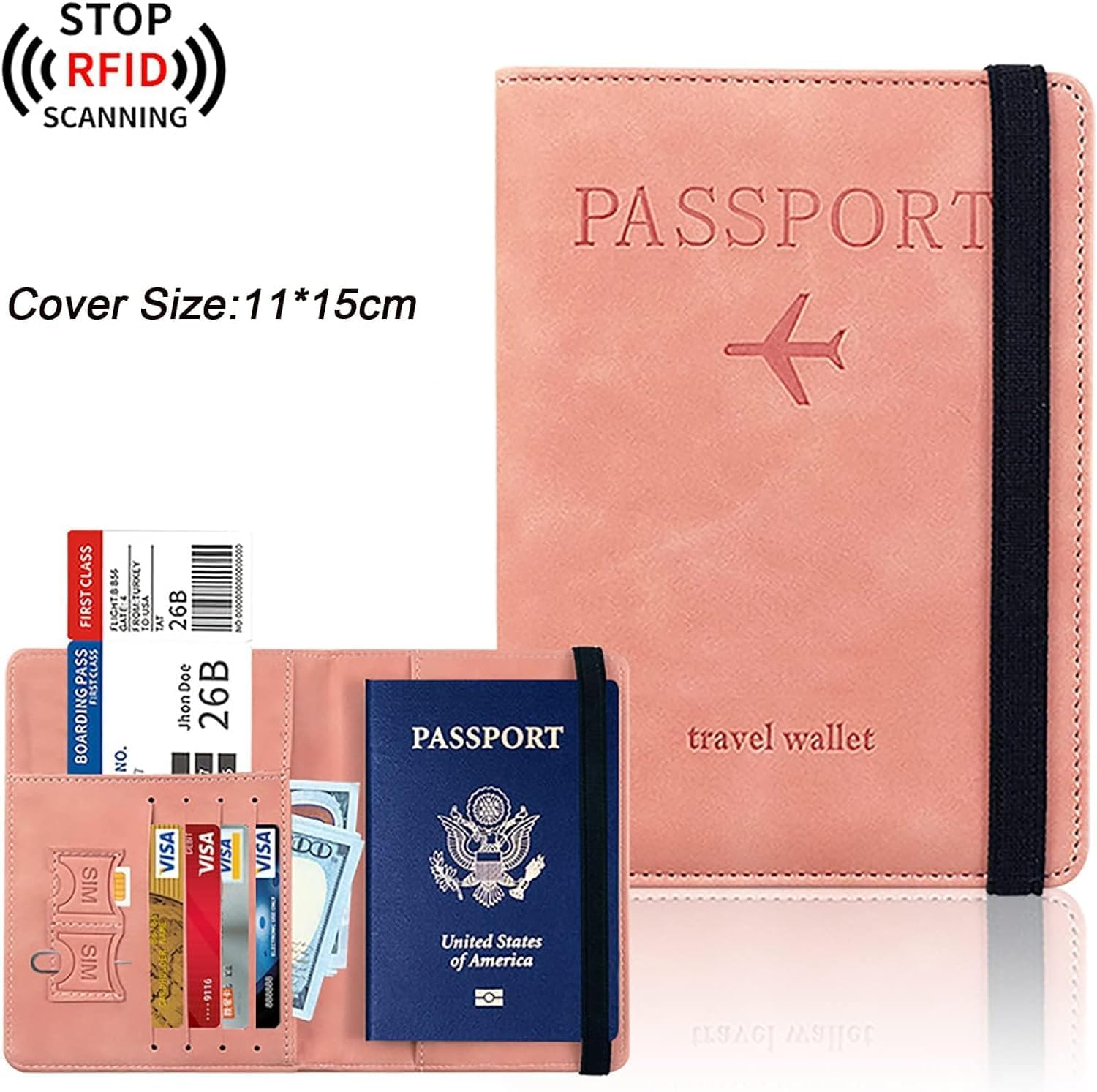 2PCS Passport Holder,Passport Covers with RFID Blocking, SIM Slot Passport Wallet Case Passport Travel Book Holder Cover Case,Pu Leather Document Organizer Protector for Boarding Passes (Blue & Pink) image number 2
