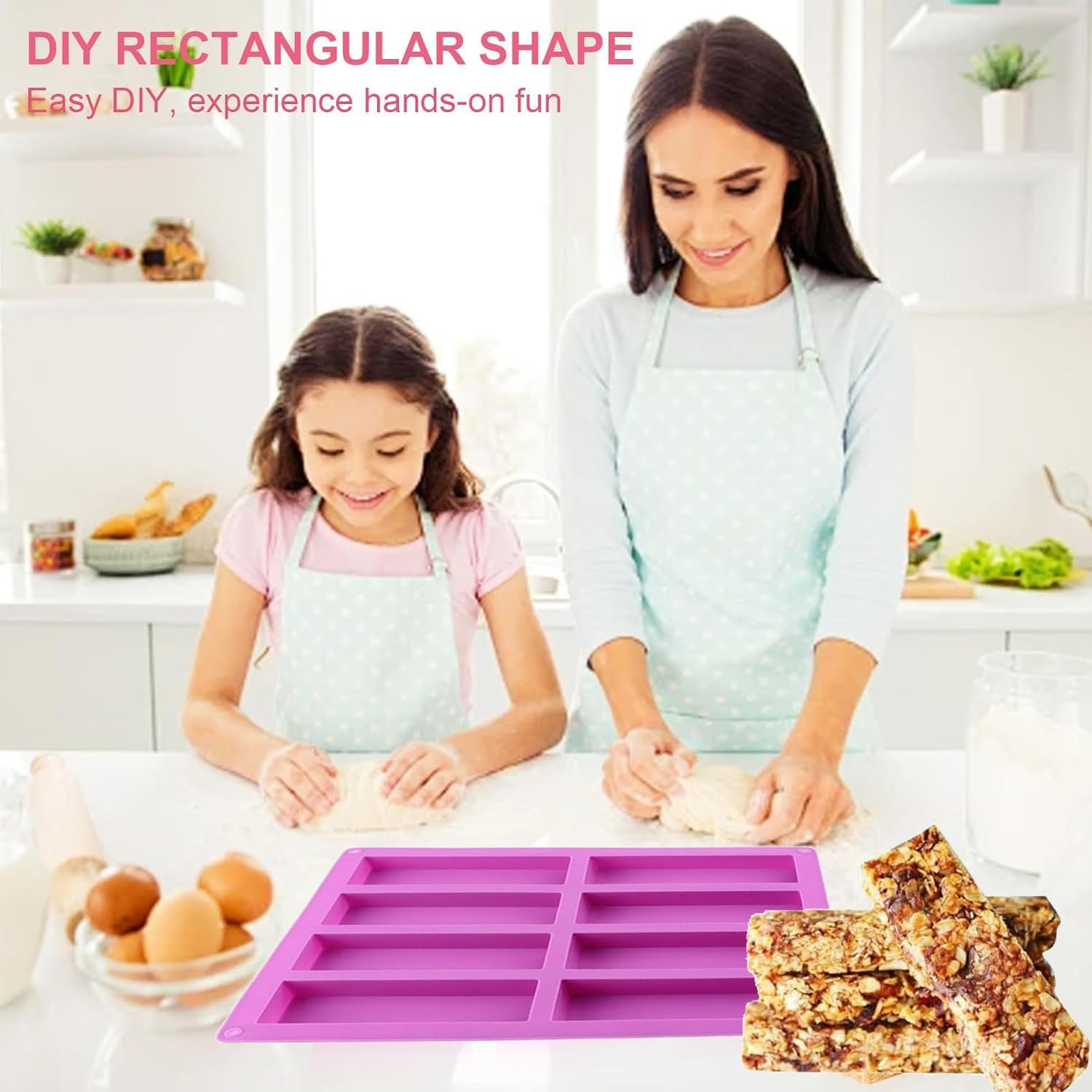 Xinghonyac 2 Pcs Large Rectangle Silicone Mould, 8-Cavity DIY Granola Bars Mold, Chocolate Mould, Cereal Bar Molds for Chocolate Truffle Bread Brownie Cornbread Cheesecake Butter Soap (Purple) image number 6