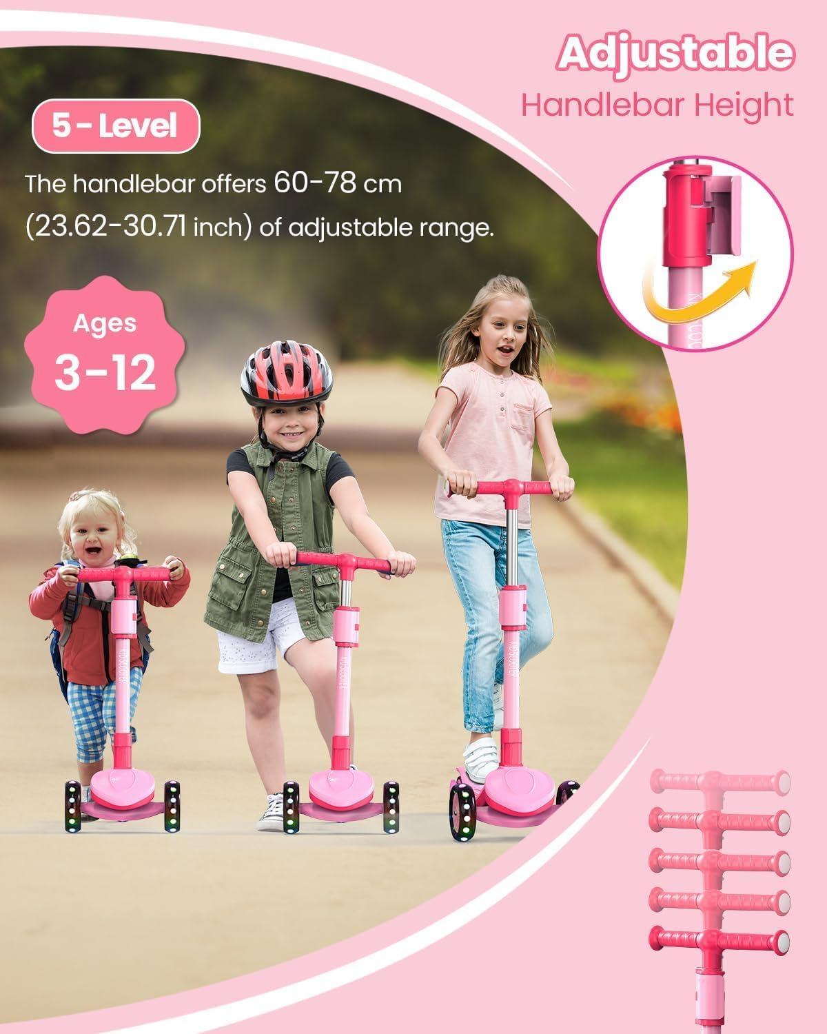 2-In-1 Adjustable Kick Scooter for Kids 3-12 Years,5-Level Handlebar & Removable Seat,Led Light-Up Wheels,Steering Control & Wide Deck,Foldable Design for Indoor/Outdoor Use, (Girls & Boys) image number 3