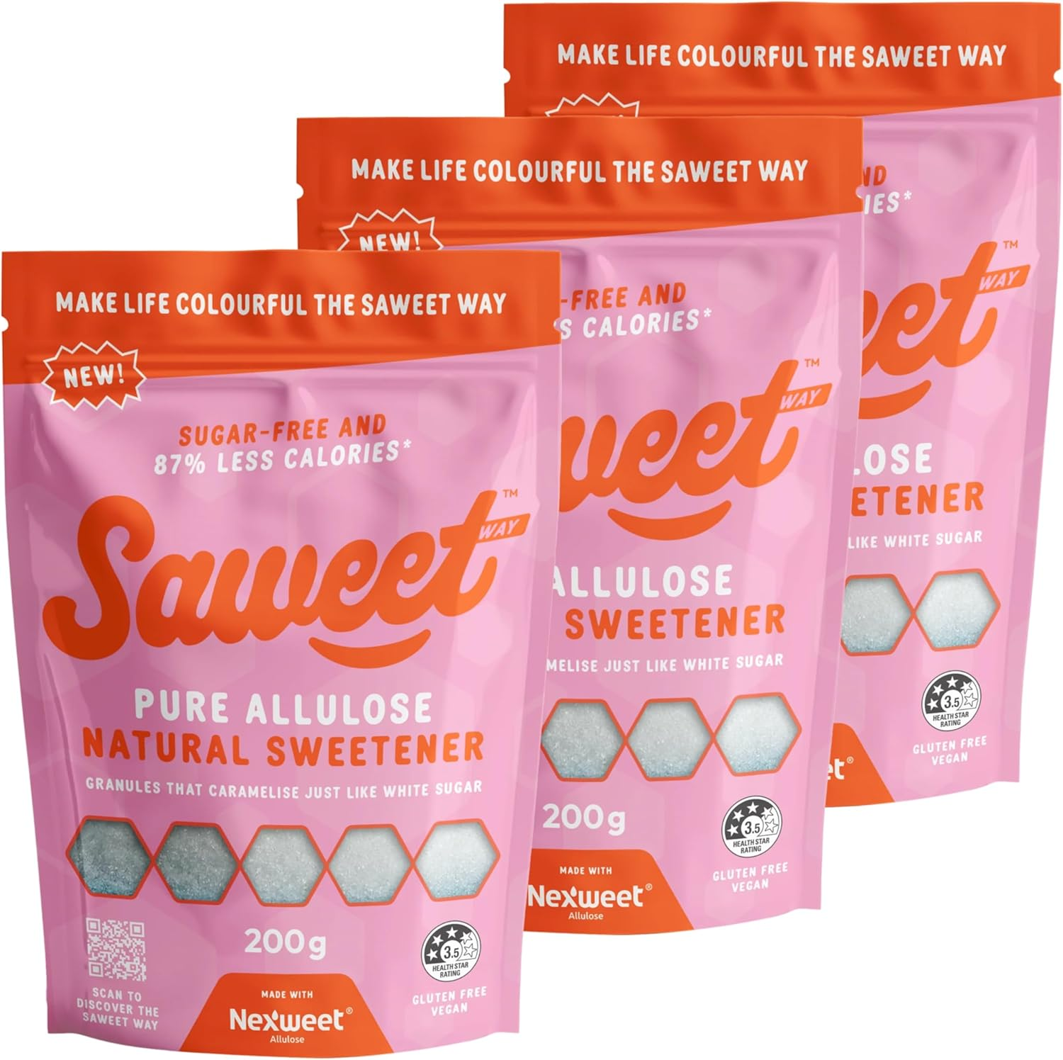 Saweetway Pure Allulose Sweetener | 3 X 200G Pack | Low Calorie Sugar Substitute | Keto & Diabetic Friendly | Vegan, Gluten Free, No Aftertaste | 87% Less Calories