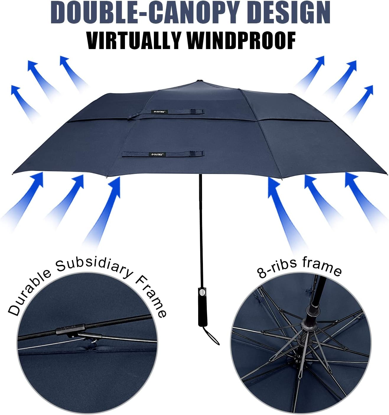 G4Free 62Inch Portable Golf Umbrella Automatic Open Large Oversize Vented Double Canopy Windproof Waterproof Sport Umbrellas(Blue/Navy) - Black image number 3
