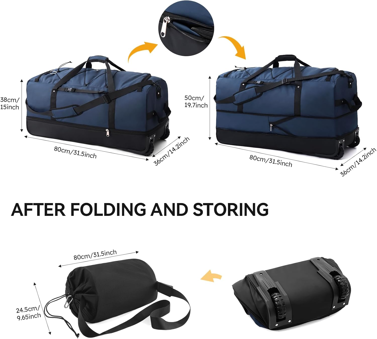 CONTAIL 32" Soft-Sided Rolling Duffle Bag with 2 Wheels,Expandable from 110L to 140L, Foldable Travel Duffel with Multiple Compartments,Navy - Upgrade-Black Red image number 4