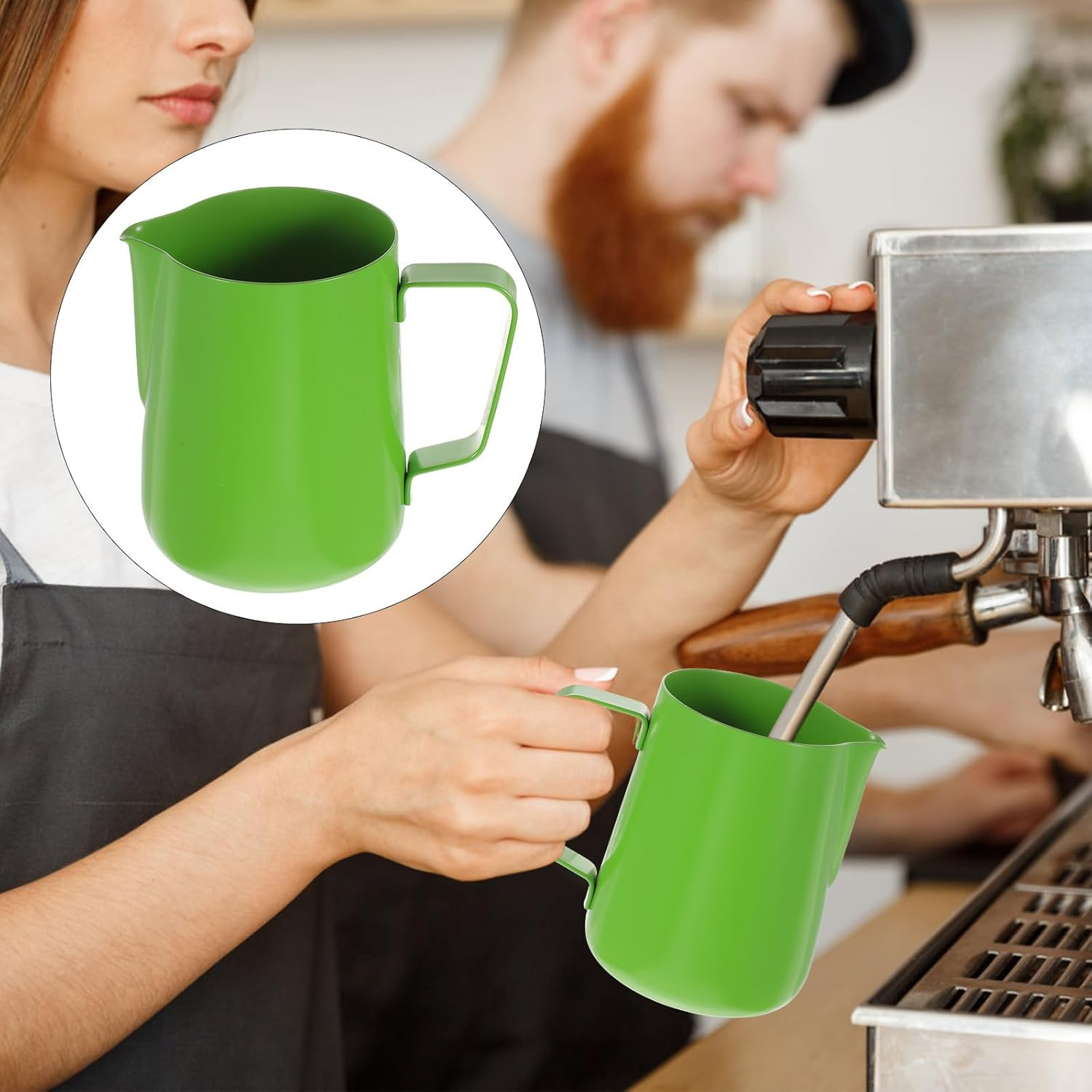 CATIEBYE Stainless Steel Coffee Frothing Pitcher 600Ml with Non-Stick Coating Thickened Milk Steaming Jug Green for Home Espresso and Latte Art image number 6