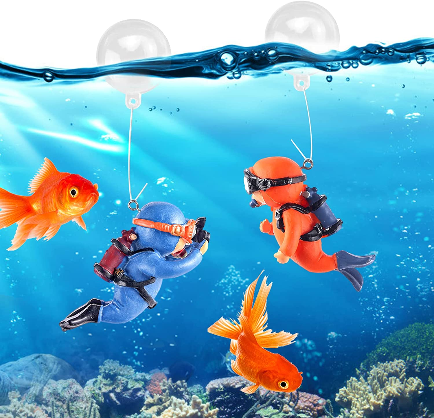 2 Pcs Fish Tank Decorations Diver Decorative Ornament Floating Pendant for Creative Fish Tank Accessories, Aquarium Decorations, Marine Landscaping(Blue+Orange) (MG002) - Blue+Orange image number 5