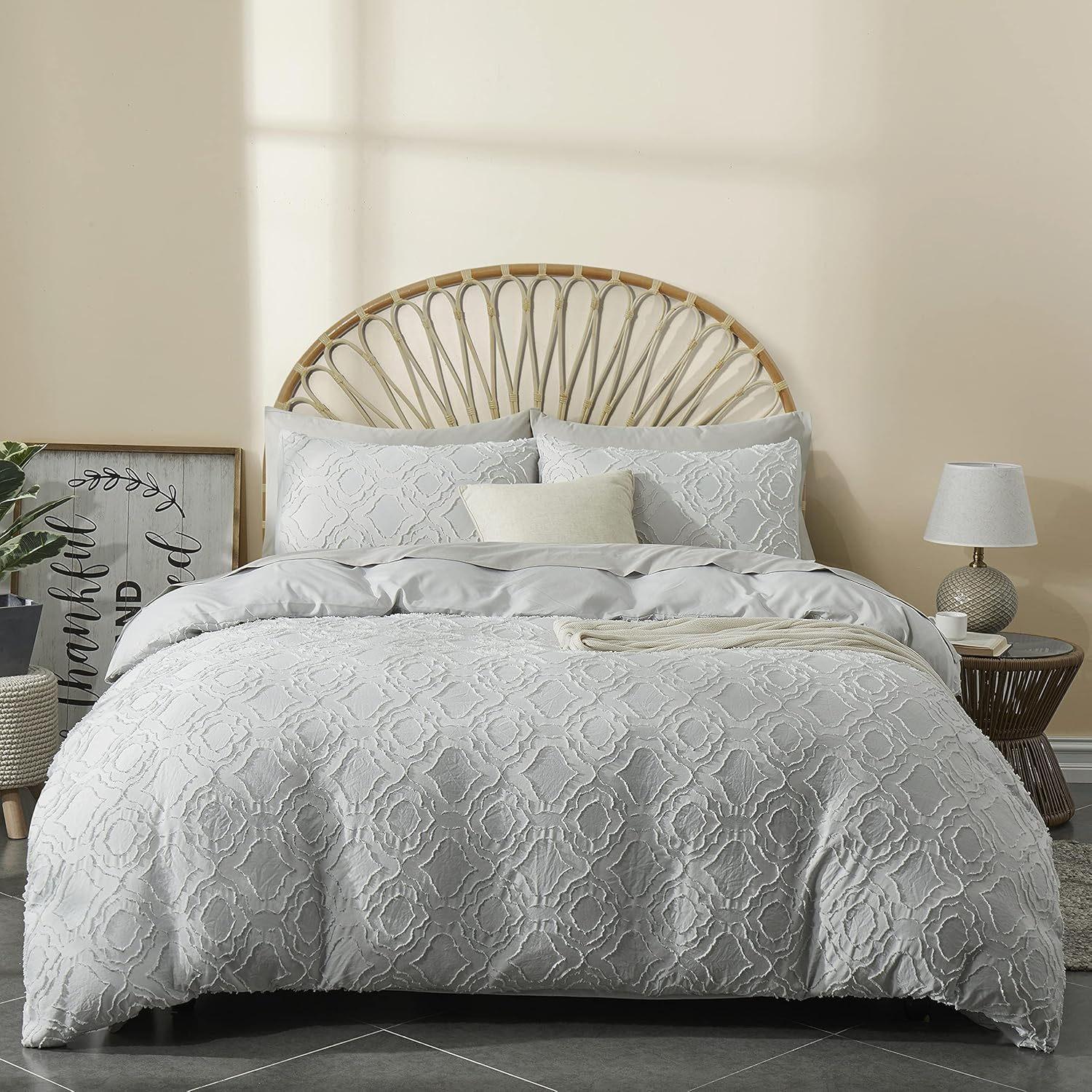 Quilt Cover King Size, Shabby Chic Tufted Beige Duvet Cover Set, 3PCS Soft and Breathable Textured Boho Bedding Set with Zipper Closure (Lihght Grey, King) image number 2