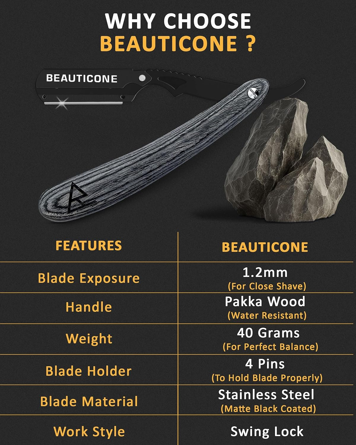 Straight Razors for Men, Straight Edge Razor, 100 Single Edge Blades, Stainless Steel, Barber Razor for Men'S Shaving, Barber Shaving Knife, Swinglock - Black  Gray With Leaf Handle image number 2