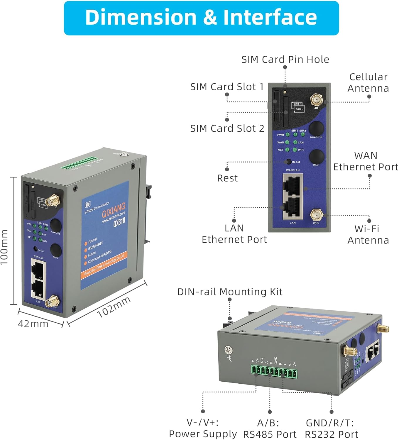 QX310-AUW2 Industrial 4G LTE Wifi Router with DIN Rail Mounting, Cellular VPN Client Router for Wireless Internet Backup, M2M Gateway Serial Modem for Power Cabinet Manufacturing Industrial Automation image number 1
