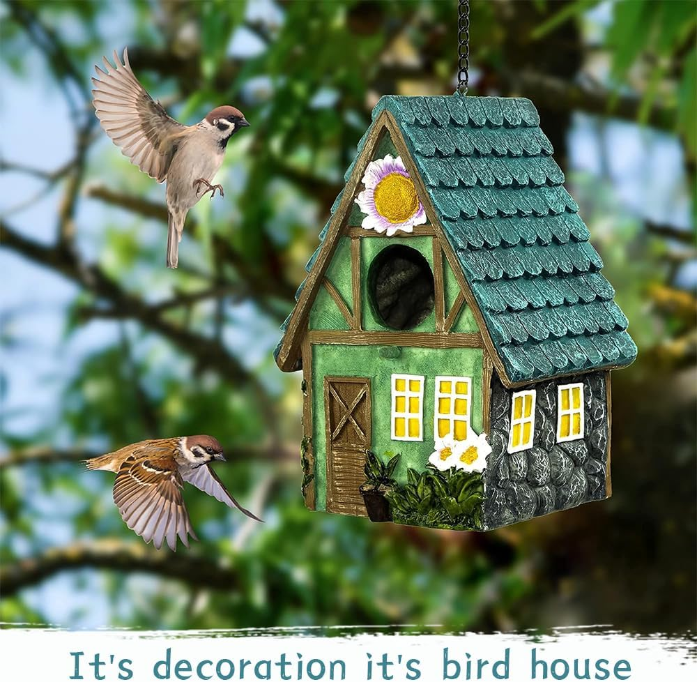 Resin Bird House with Hang Chain, Colorful Decorative Cute Resin Birdhouses Ideal for Attracting Bluebirds, Finches, and Cardinals, Perfect for Birthdays, Holidays, or Garden Themed Occasions