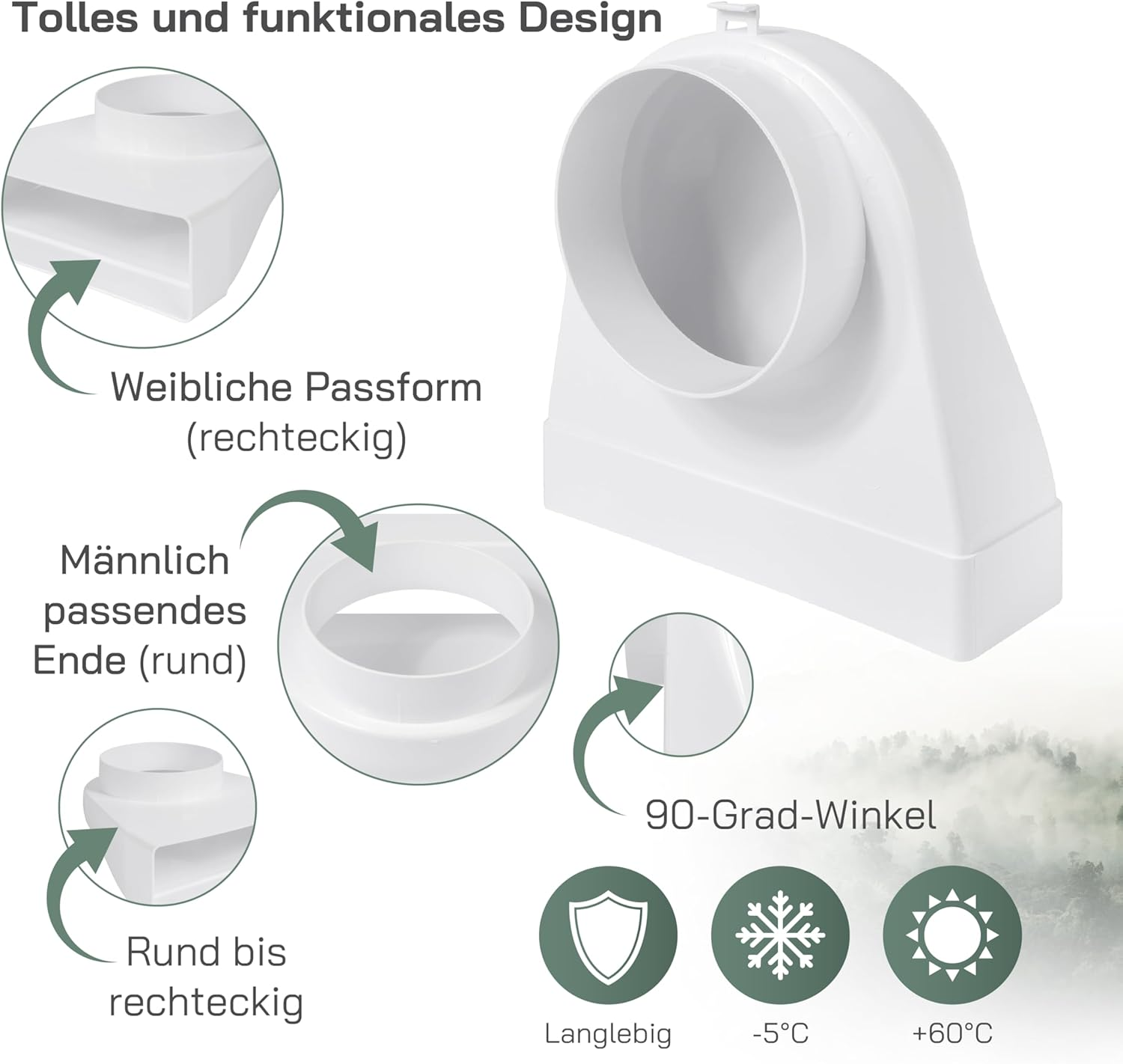 Vent Systems 204 X 60 Mm Rectangular 90&deg; Angle Duct Connector - Transition to Pipe with Diameter 125 Mm - Air Inlet, Outlet Coupling for HVAC Systems - Ventilation Connection for Heating, Cooling image number 5
