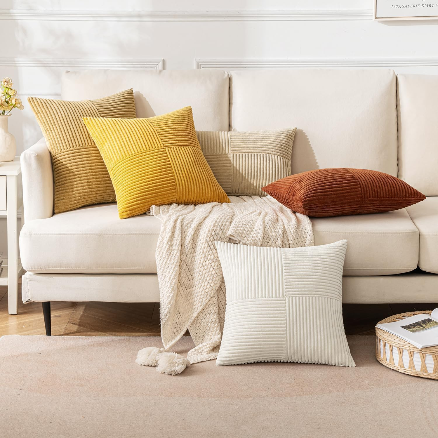 2 Pack Beige Boho Decorative Corduroy Throw Pillow Covers 18X18 Inch Soft Pillow Covers Solid Pillowcases Cross Patchwork Textured Cushion Covers for Living Room Decor Couch Bed Sofa-Yellow - Green image number 4