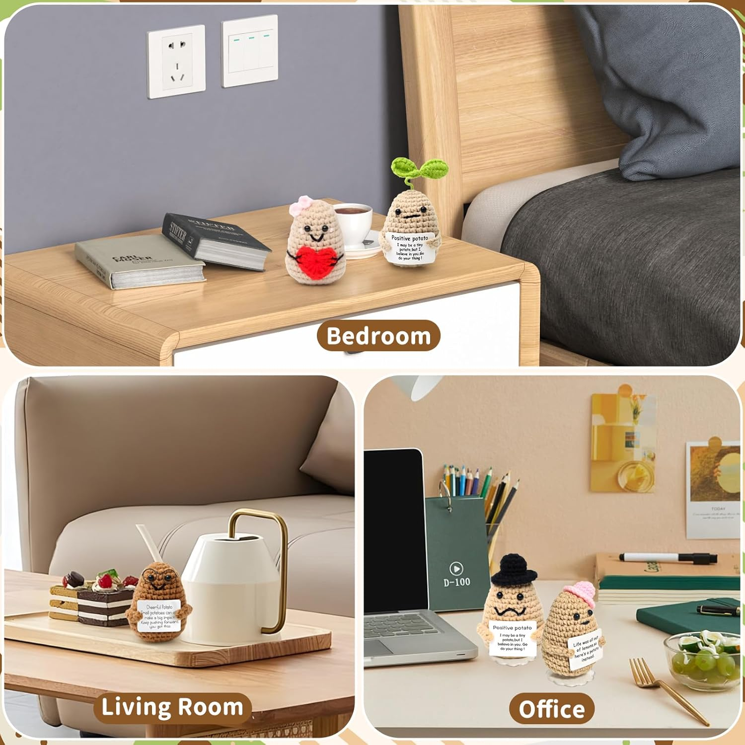 ZCOINS 6 Pcs Crochet Emotional Support Positive Potato for Women, Small Plush Novelty Funny Emotional Support Potato Pickle Toys with Positive Note for Desk Home Decor Birthday Valentines Gift image number 1