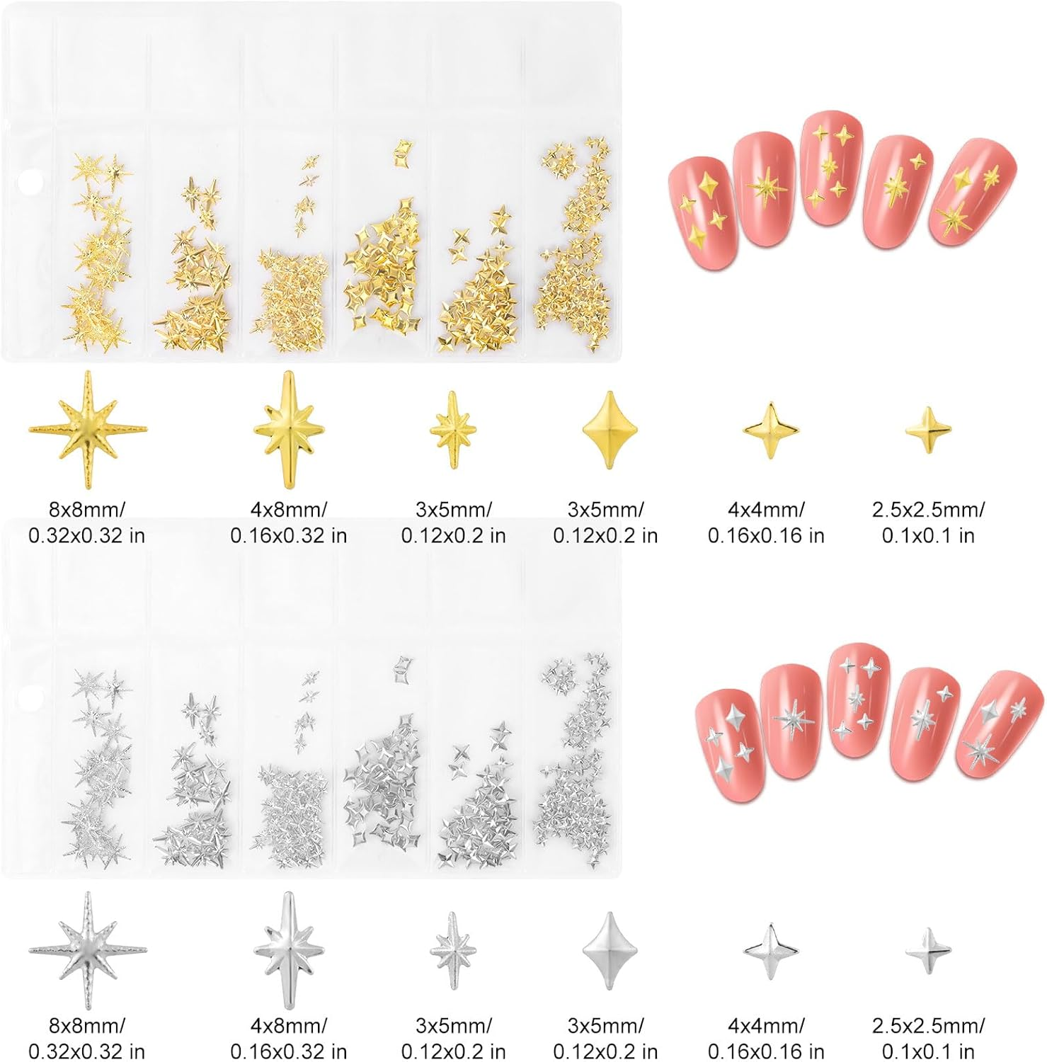 BOXOB 800Pcs Star Nail Charms, Gold & Silver 3D Star Nail Jewelry Decorations Reusable Metallic Studs Nails Rhinestones Gems Manicure Supplies for Women Girls DIY Craft Accessories image number 6