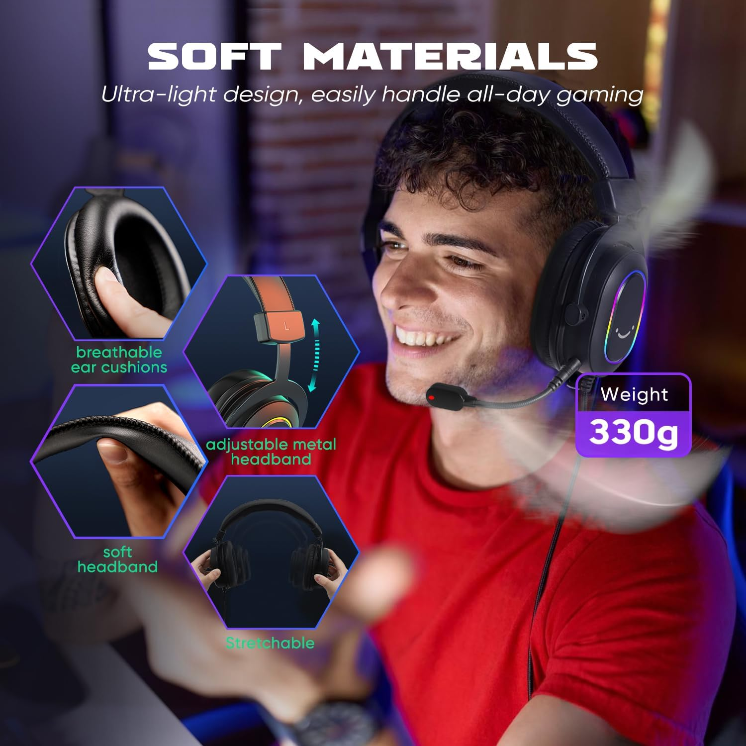 FIFINE Gaming Headset with Microphone, over Ear Headphones with Cable, USB Headset for PC PS4 PS5, RGB Headphone with 3 EQ Modes, Surround Sound and Ear Pads image number 6