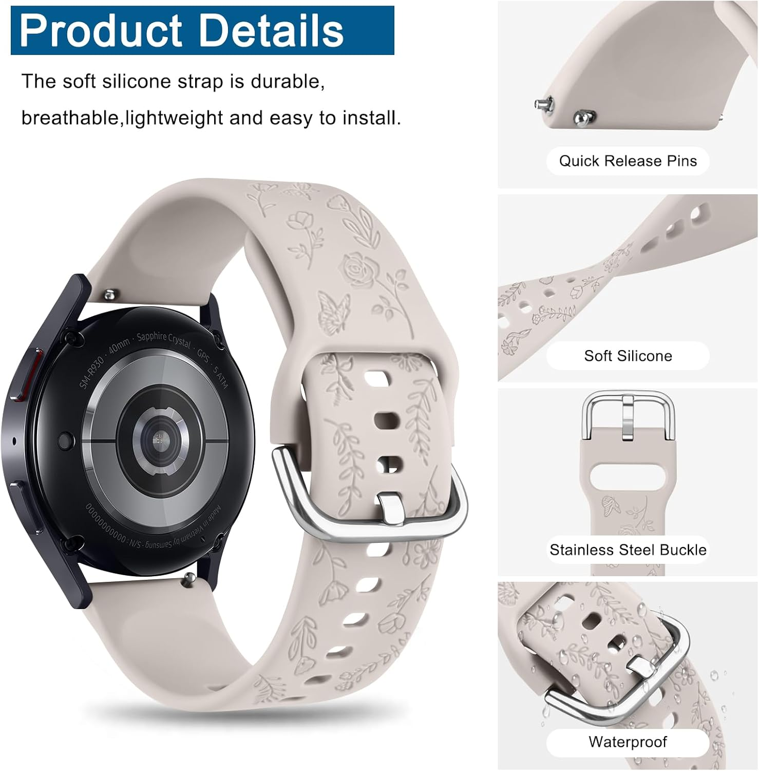 Silicone Strap for Garmin Venu SQ Band, Vivoactive 5 Band/Forerunner 245 Strap, 20Mm Soft Comfortable Sport Wristbands for Garmin Vivoactive 5/3/Venu/Forerunner 645/245 Music - Sand Pink image number 2