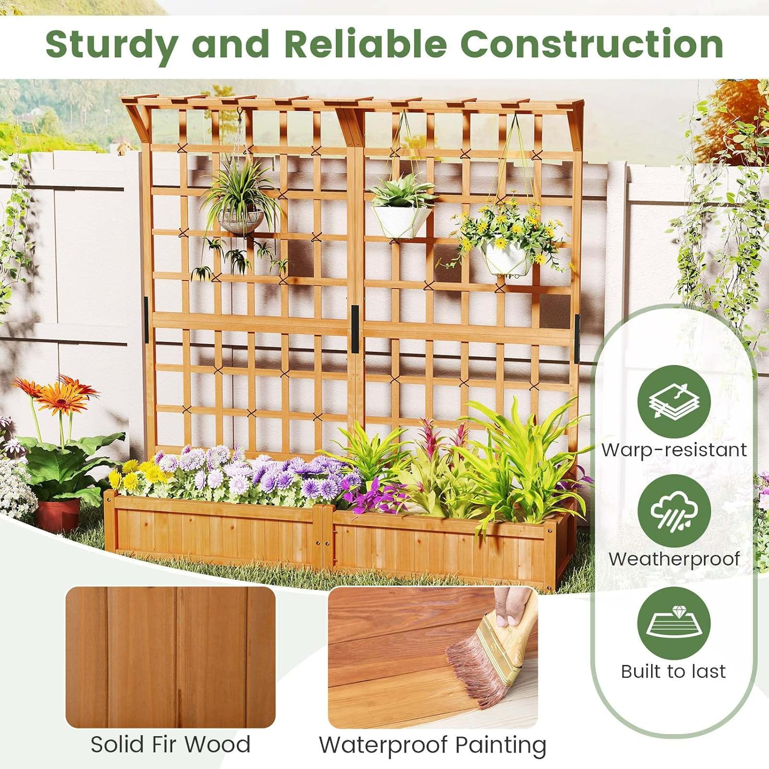 Costway 183 CM Tall Large Raised Garden Bed W/Lattice Trellis, Hanging Roof, Drainage Holes, Elevated Wooden Planter Box for Vine Climbing Plant Flower Herb Vegetable, Indoor Outdoor Patio Balcony - Coffee image number 3