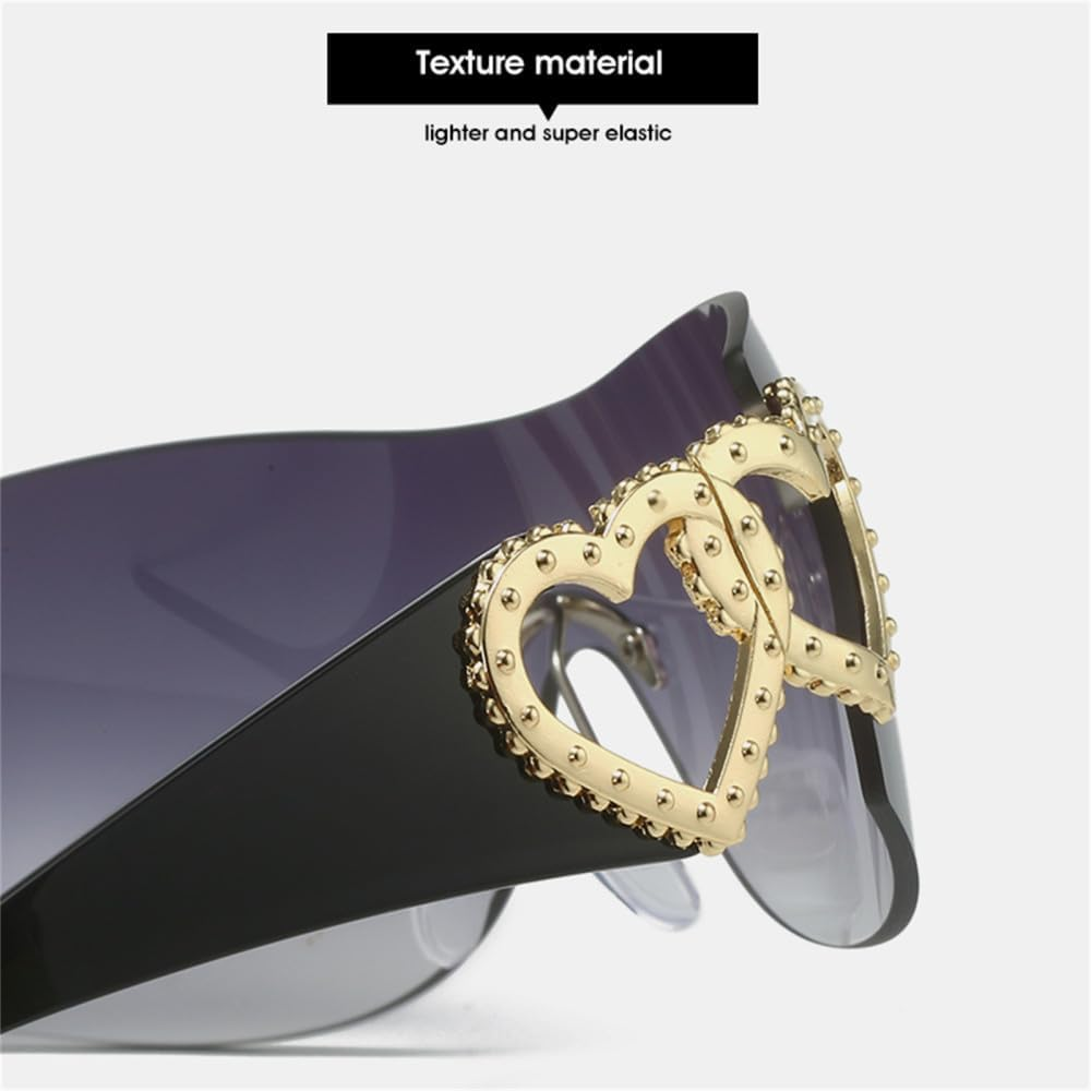 JRLLFD One-Piece Sunglasses Rimless Glassess with Double Love Heart-Shaped Pink Gradient Wrap around Sun Glasses image number 3