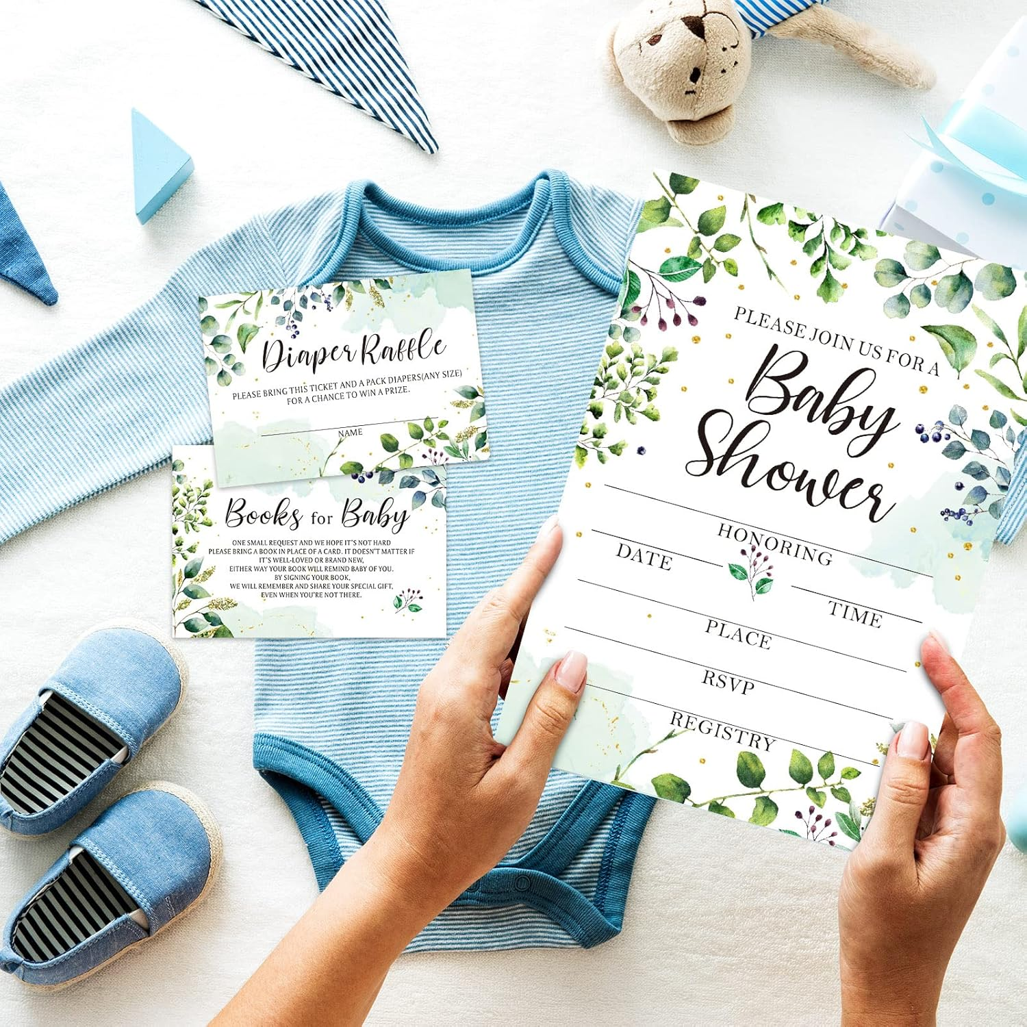 Leinuosen 25 Sets Greenery Baby Shower Invitations, Diaper Raffle Tickets, Baby Shower Book Request Cards with Envelopes for Baby Shower, Engagement and Birthday Party Decorations image number 3