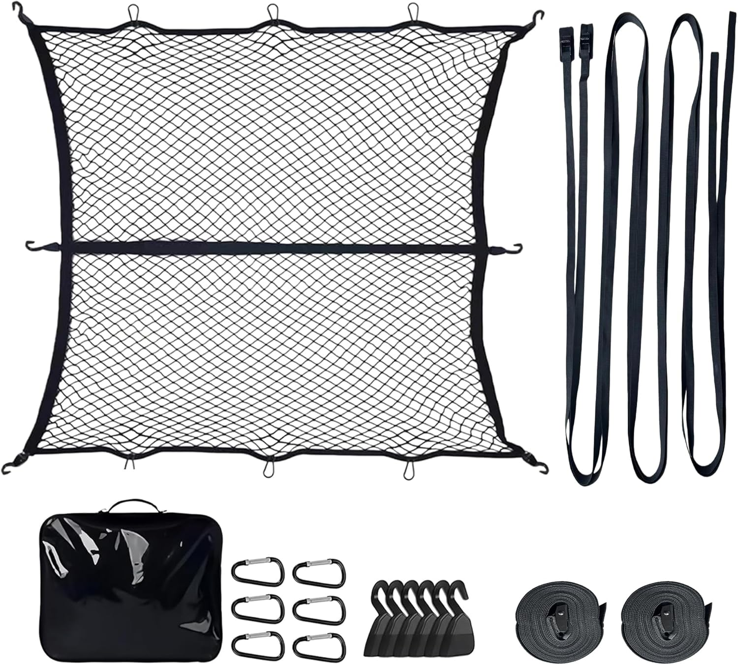 Highly Elastic Cargo Net Kit with 2 5M Tie down Straps &ndash; Elastic Trailer Net 4'X4' Expandable to 8'X8'With 6 Extra DIY Mesh Holes, 6 Hooks, 6 Carabiners & Storage Bag for UTE, Trailers, 4WD & Pickup image number 1