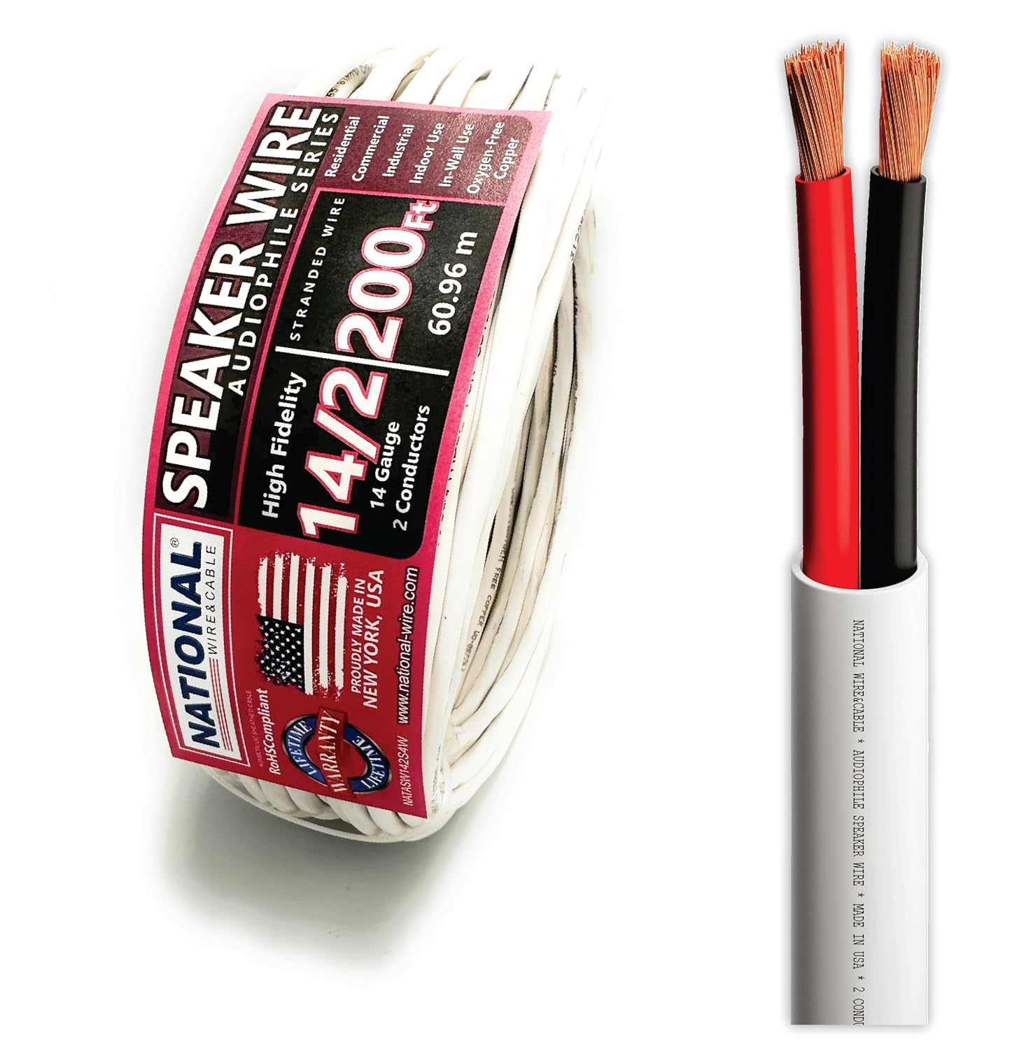 NATIONAL Wire&Cable - 14/2 Audiophile Speaker Wire (200 Feet) 14AWG Gauge - Made in USA - in Wall Audio Speaker Wire Cable/Cl Rated/Etl Listed / 2 Conductors - OFC Oxygen-Free Copper, White 200Ft image number 3