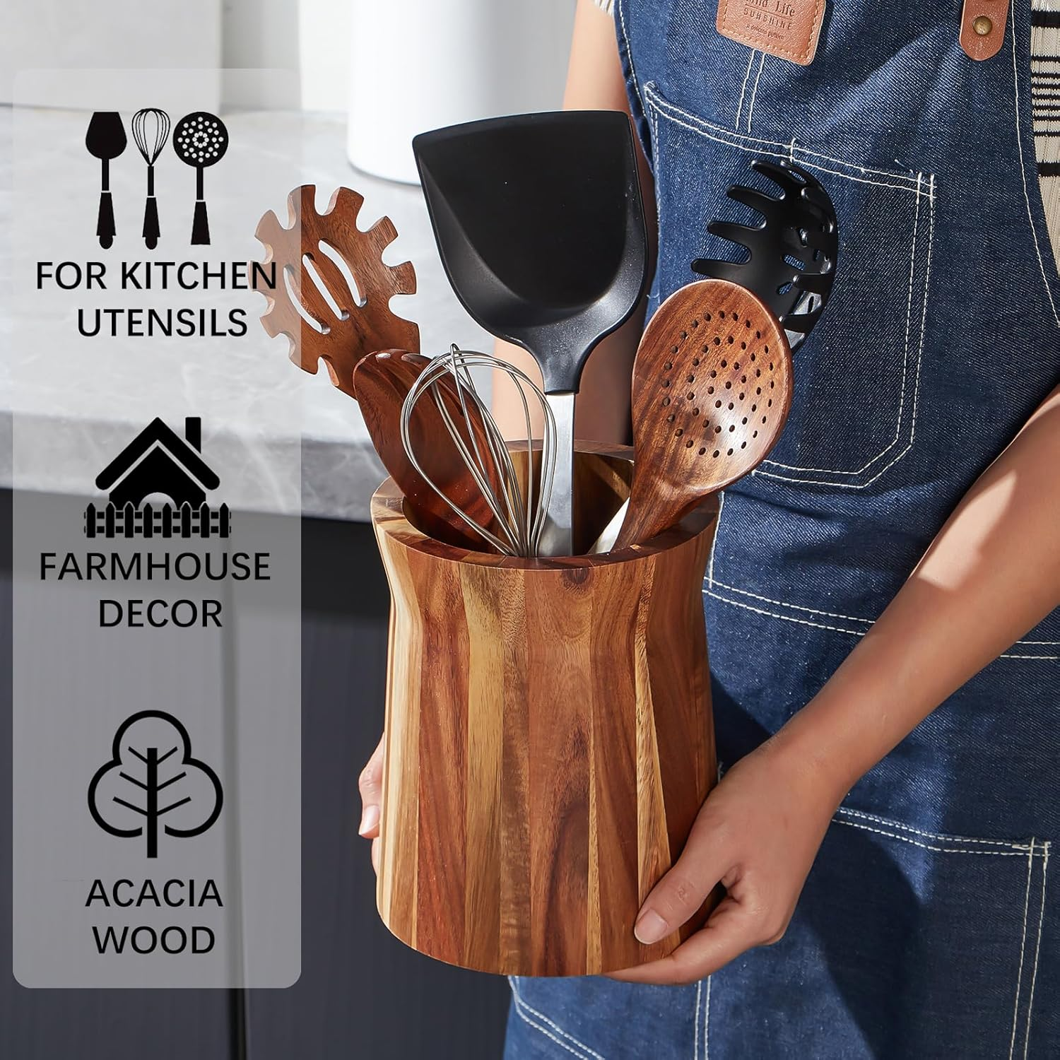 LOHONER Wooden Utensil Holder for Countertop, 360&deg; Rotating Kitchen Utensil Holder, 7.2"X 6" Large Acacia Wood Crock, Farmhouse Kitchen Decor image number 2