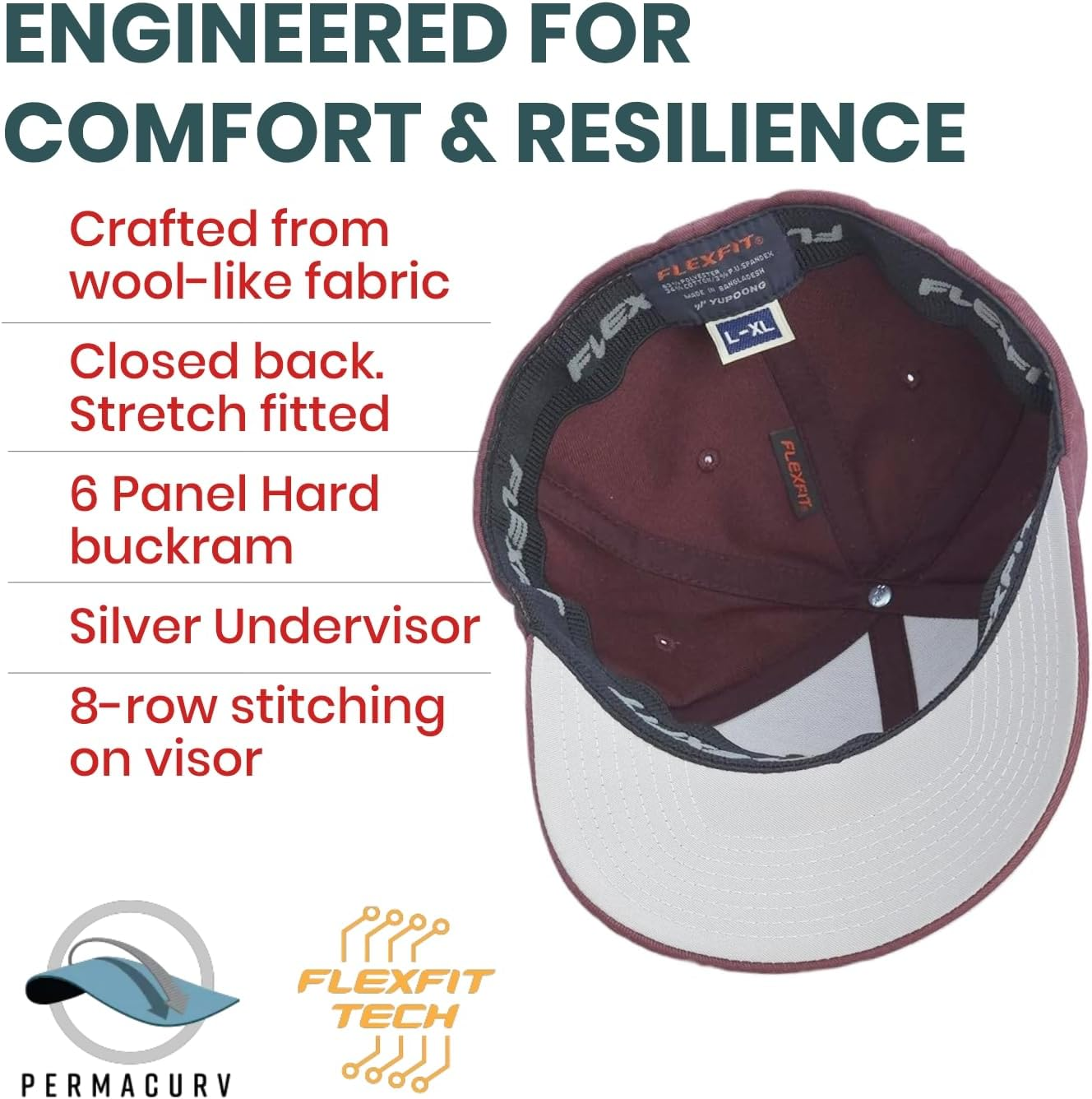 QLD Supporters Cap, Flexfit 6277 Wooly Combed Baseball Cap, Acrylic-Wool, Flexfit Technology, 6-Panel, Silver Undervisor, Stretch Fitted, Premium Mid-Profile, Maroon image number 2