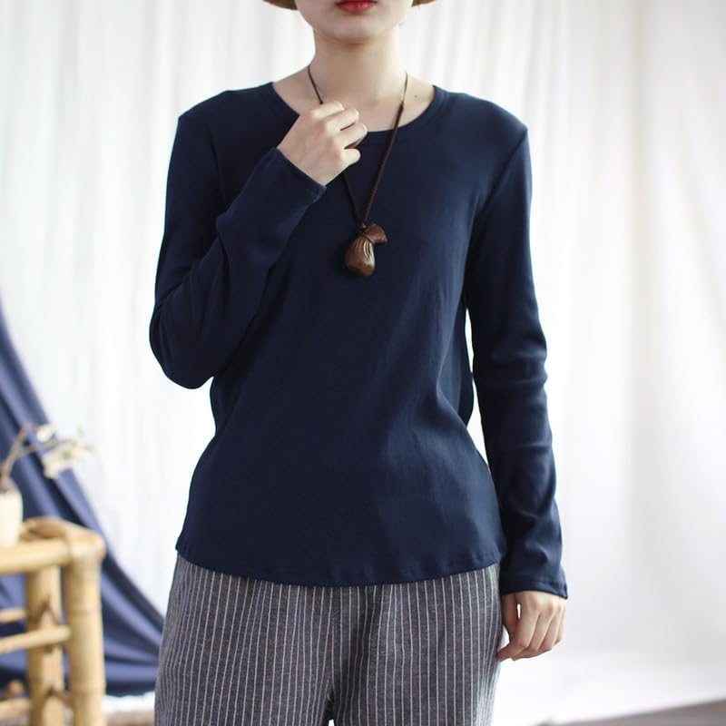 Vintage Womens Long Sleeve Solid Crew-Neck Basic Tee Navy image number 5