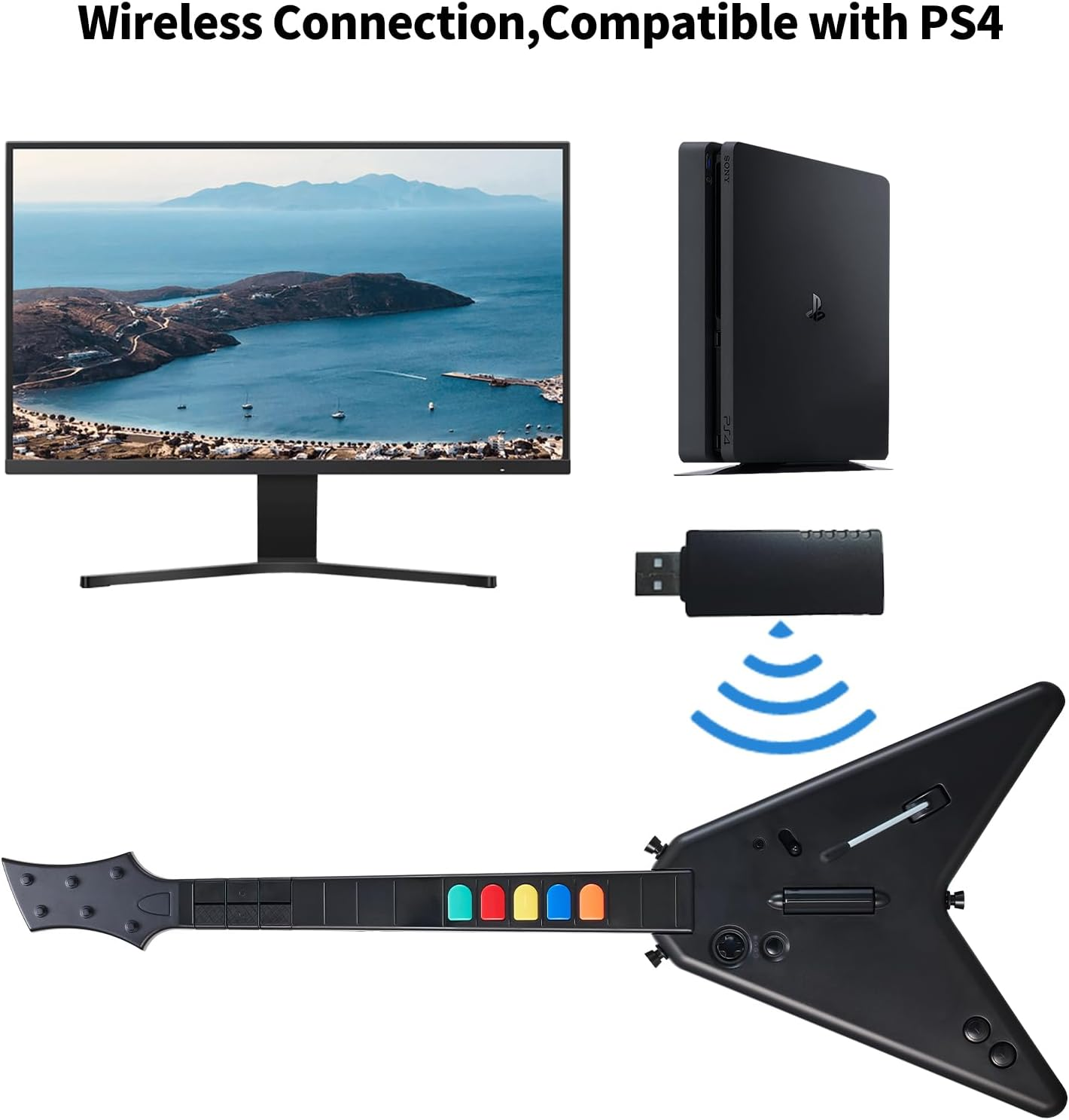 NBCP Wireless Guitar Controller for Playstation 4, Pc,Ps4/Ps3,Clone Hero,  Festival,Compatible with Guitar Hero & Rock,Plug-And-Play USB Receiver image number 1